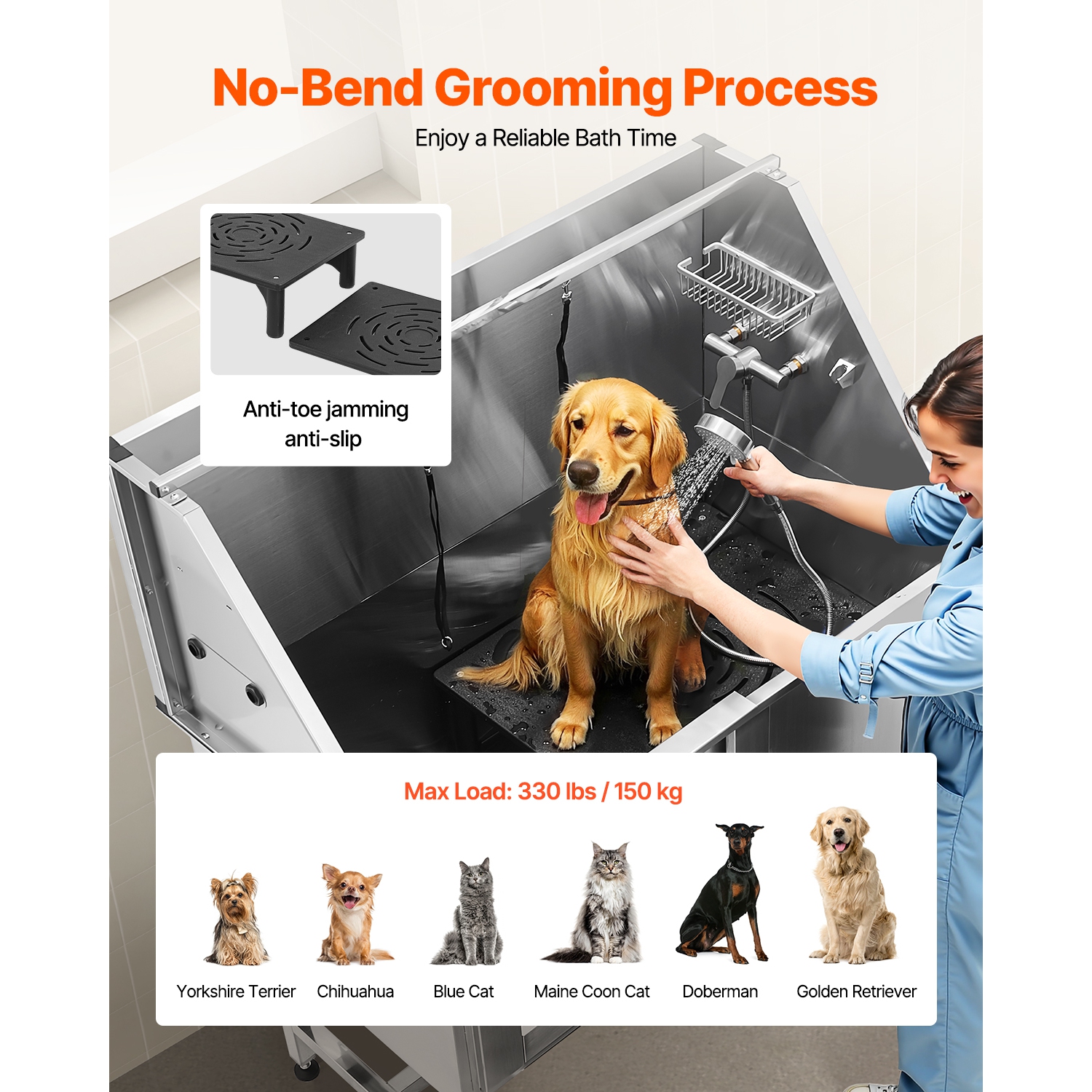 VEVOR 50 inch Pet Grooming Tub w/ Stairs, Stainless Steel Dog Washing Station, PE Water Filter Board, Faucet & Showerhead & Soap Holder Dog Bathtub