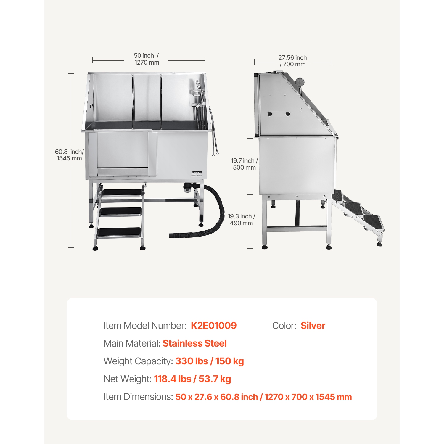 VEVOR 50 inch Pet Grooming Tub w/ Stairs, Stainless Steel Dog Washing Station, PE Water Filter Board, Faucet & Showerhead & Soap Holder Dog Bathtub