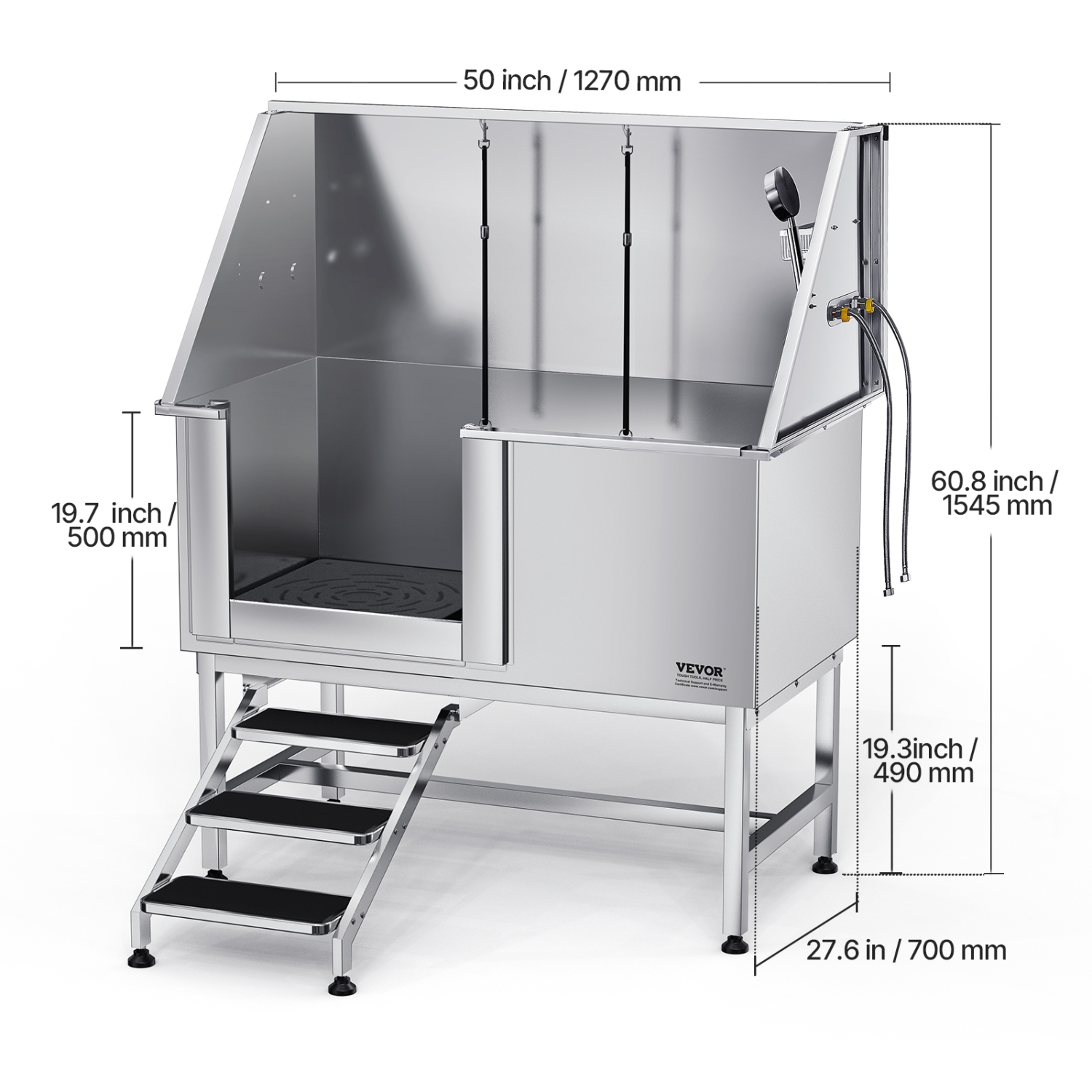 VEVOR 50 inch Pet Grooming Tub w/ Stairs, Stainless Steel Dog Washing Station, PE Water Filter Board, Faucet & Showerhead & Soap Holder Dog Bathtub