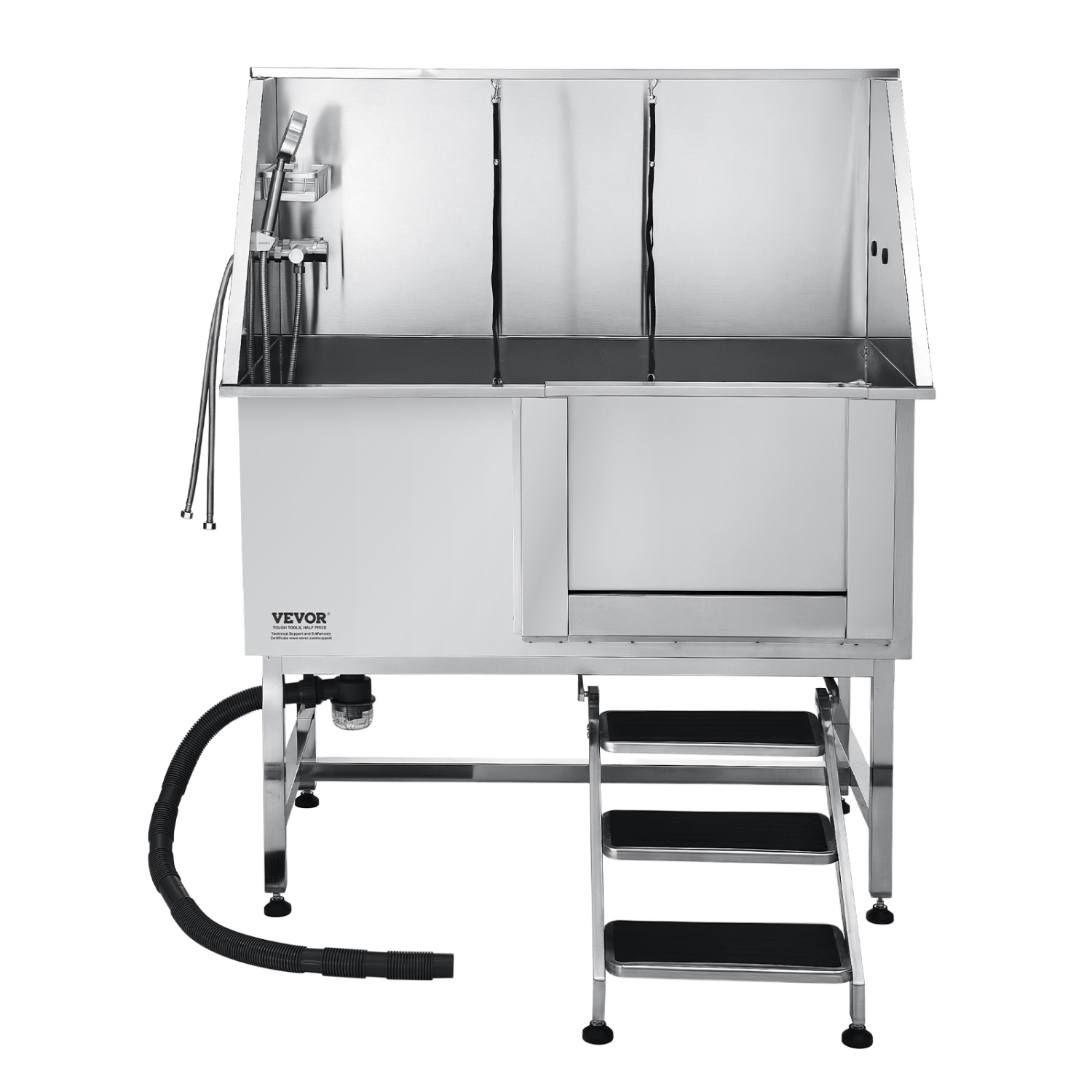 VEVOR 50 inch Pet Grooming Tub w/ Stairs, Stainless Steel Dog Washing Station, PE Water Filter Board, Faucet & Showerhead & Soap Holder Dog Bathtub