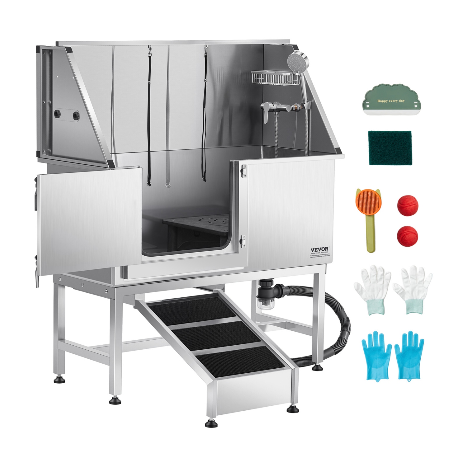 VEVOR 50 inch Pet Grooming Tub w/ Ramp, Stainless Steel Dog Washing Station, PE Water Filter Board, Faucet & Showerhead & Soap Holder Dog Bathtub for