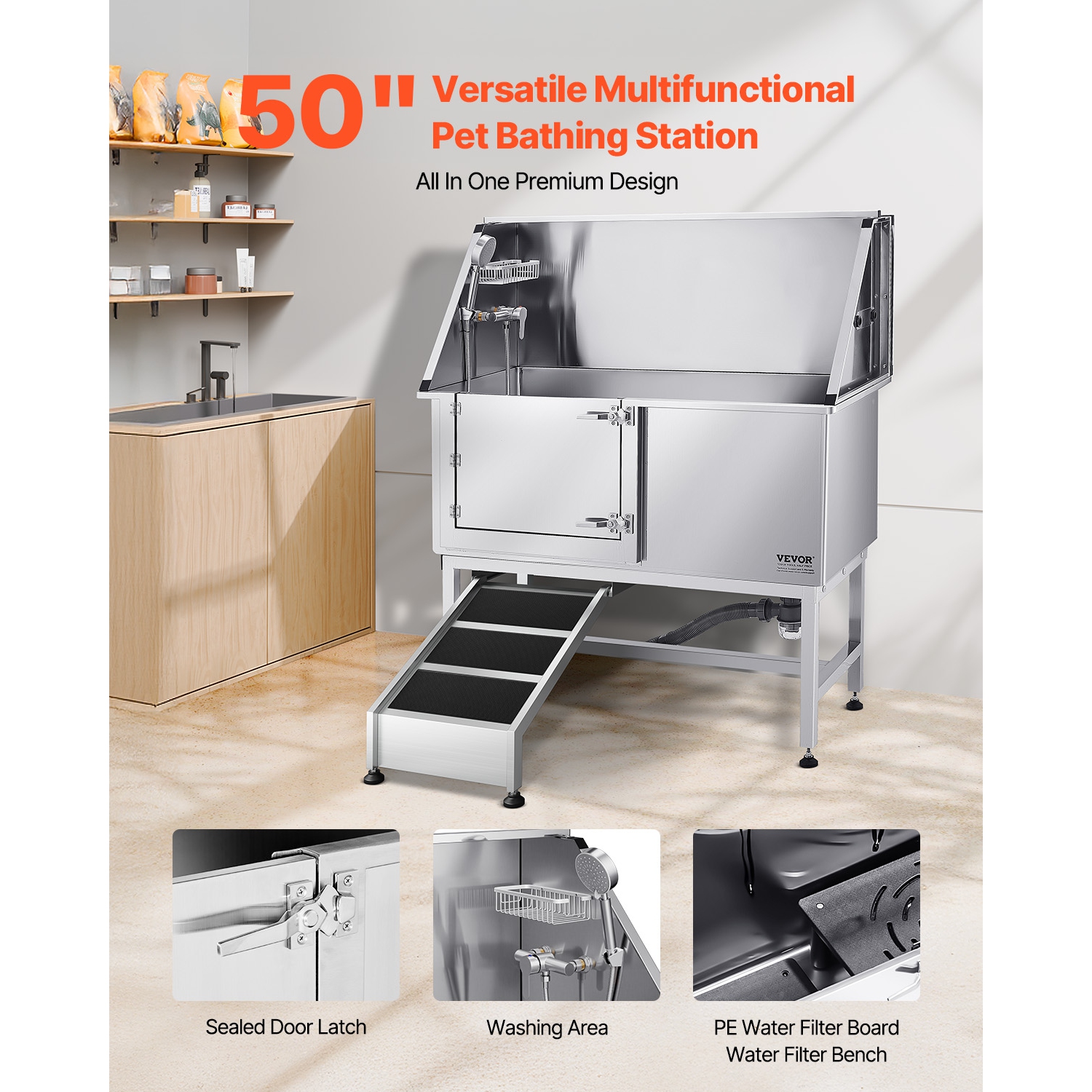 VEVOR 50 inch Pet Grooming Tub w/ Ramp, Stainless Steel Dog Washing Station, PE Water Filter Board, Faucet & Showerhead & Soap Holder Dog Bathtub for