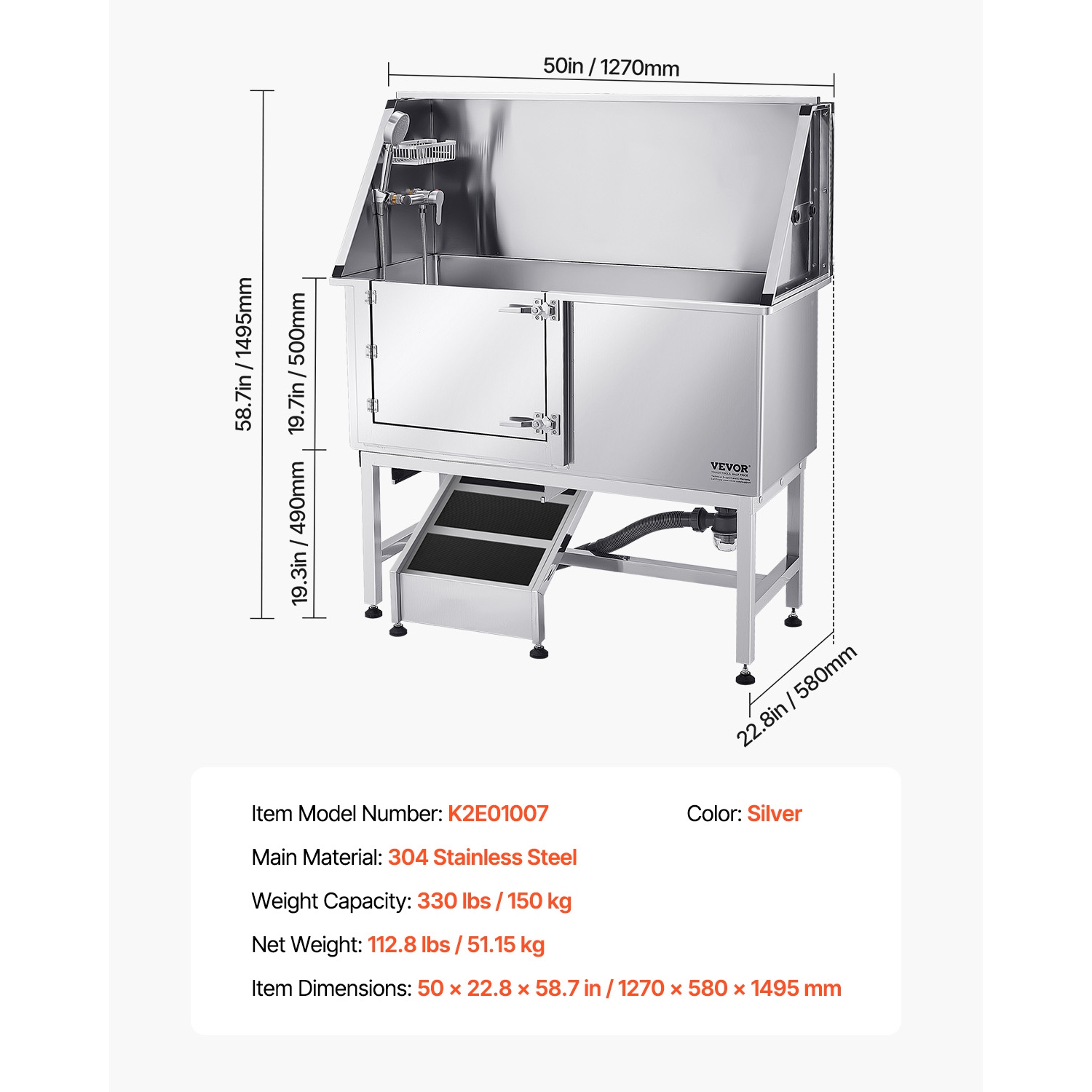 VEVOR 50 inch Pet Grooming Tub w/ Ramp, Stainless Steel Dog Washing Station, PE Water Filter Board, Faucet & Showerhead & Soap Holder Dog Bathtub for