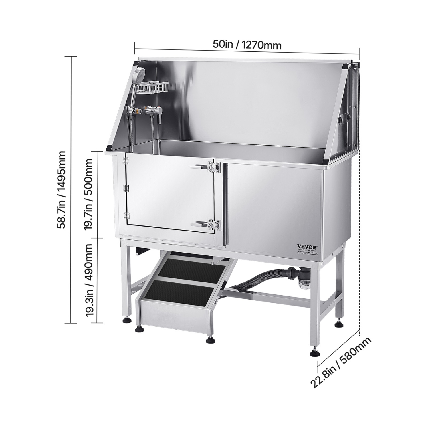 VEVOR 50 inch Pet Grooming Tub w/ Ramp, Stainless Steel Dog Washing Station, PE Water Filter Board, Faucet & Showerhead & Soap Holder Dog Bathtub for