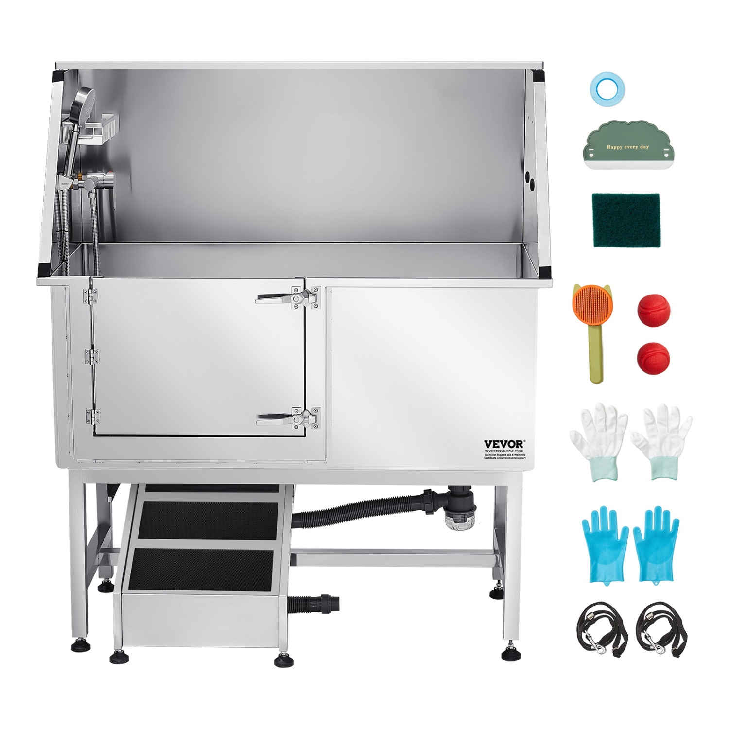 VEVOR 50 inch Pet Grooming Tub w/ Ramp, Stainless Steel Dog Washing Station, PE Water Filter Board, Faucet & Showerhead & Soap Holder Dog Bathtub for