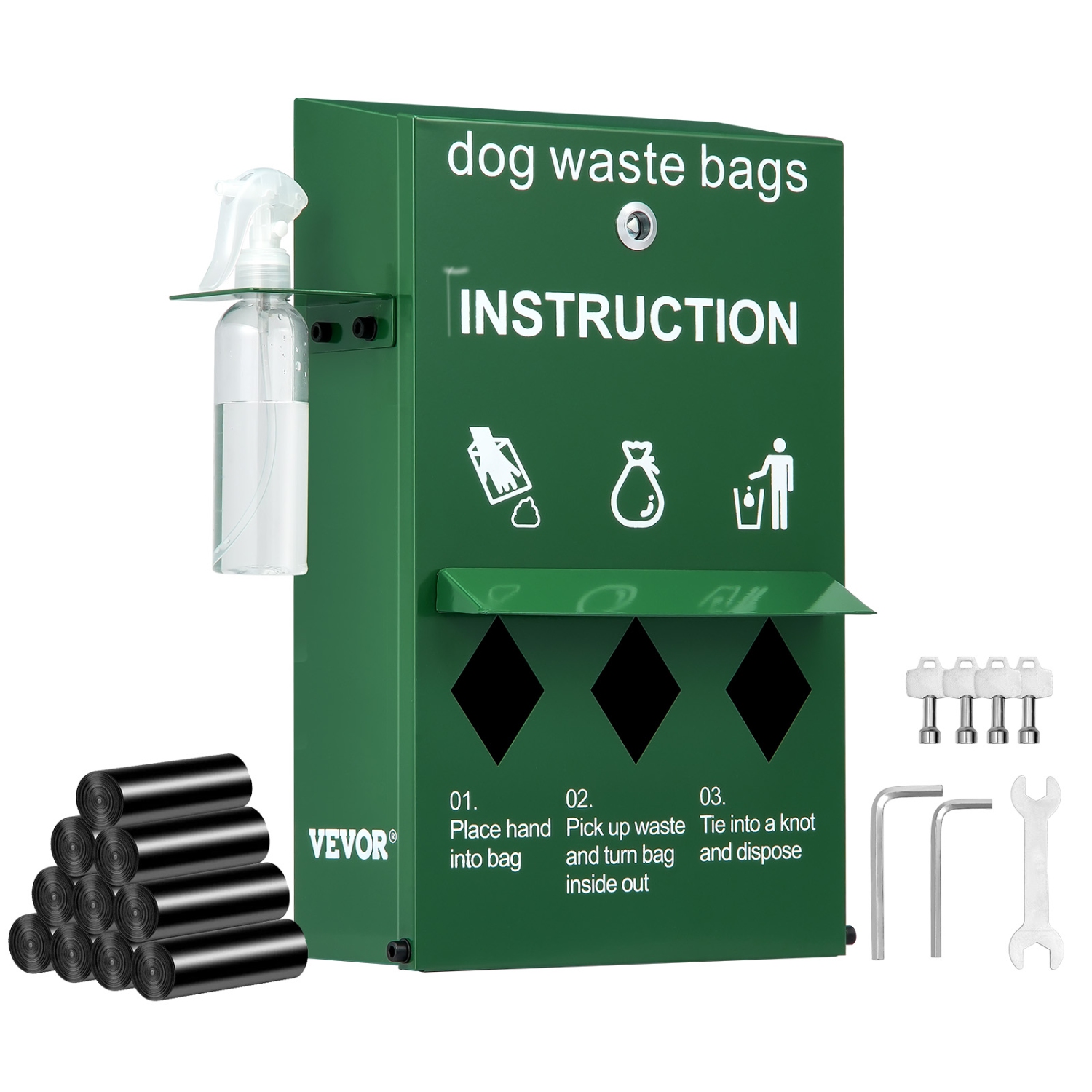 VEVOR 600 Dog Poop Bag Dispenser with Hand Wash Bottle, Lockable Dog Waste Bag Holder, Stake, Pole, Fence & Wall Mounted Dog Poop Bag Storage, Pet