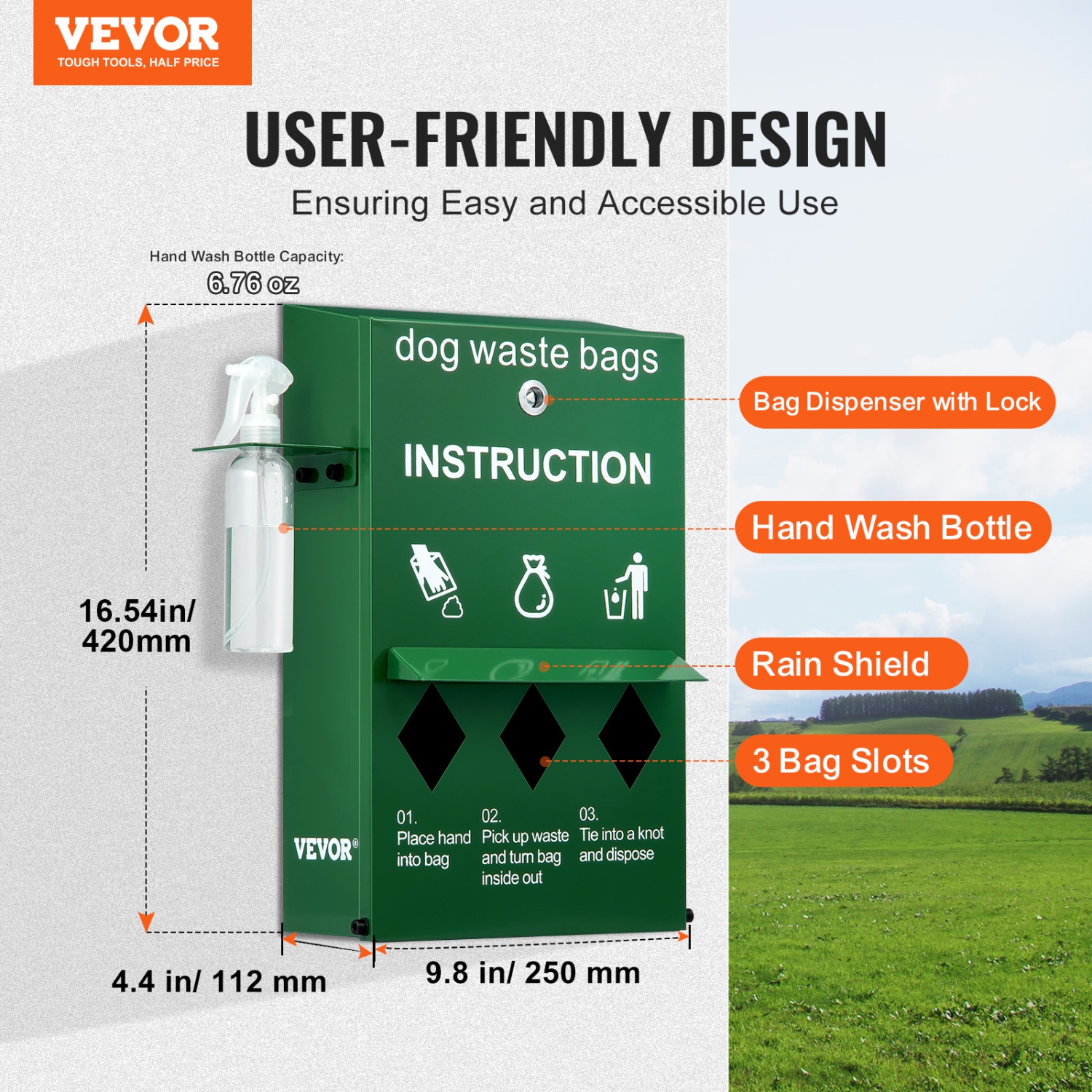 VEVOR 600 Dog Poop Bag Dispenser with Hand Wash Bottle, Lockable Dog Waste Bag Holder, Stake, Pole, Fence & Wall Mounted Dog Poop Bag Storage, Pet