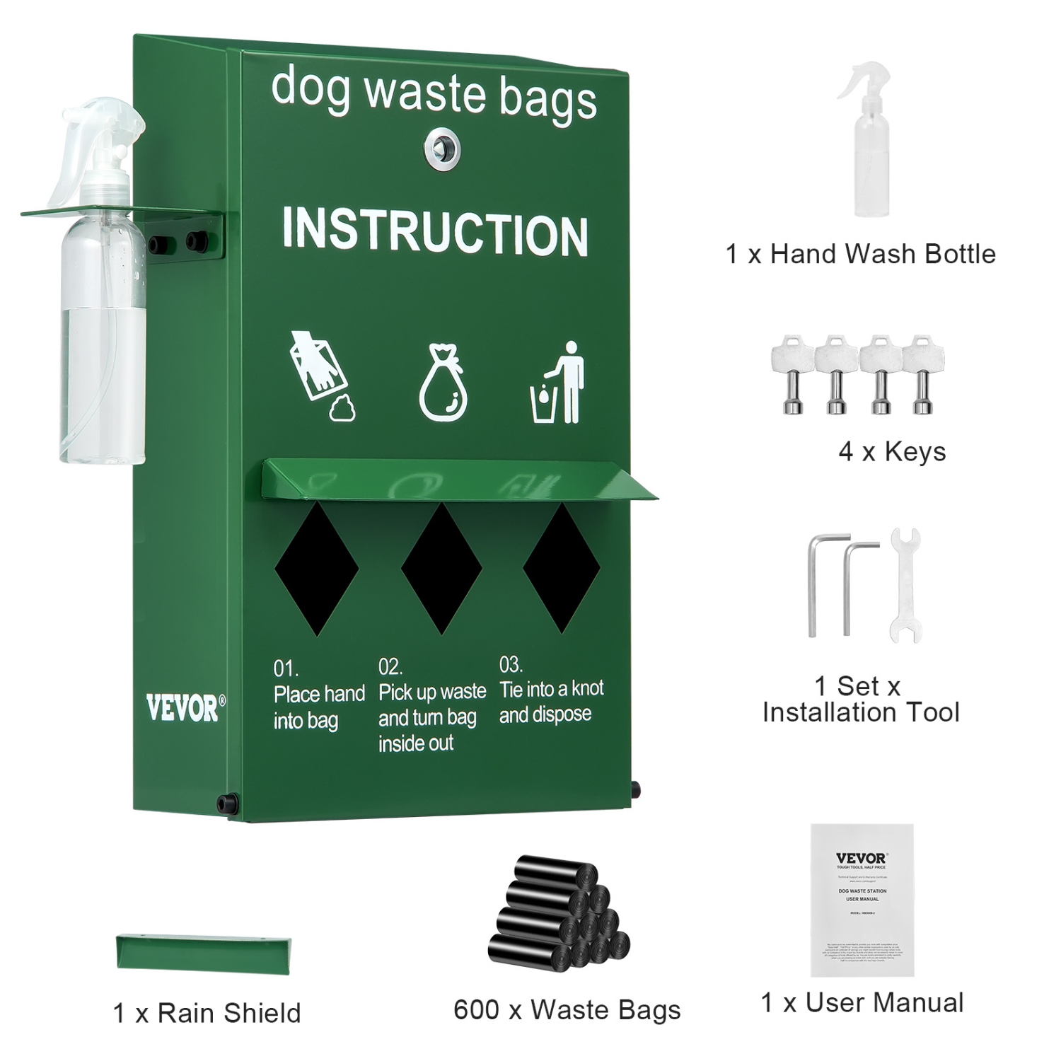 VEVOR 600 Dog Poop Bag Dispenser with Hand Wash Bottle, Lockable Dog Waste Bag Holder, Stake, Pole, Fence & Wall Mounted Dog Poop Bag Storage, Pet