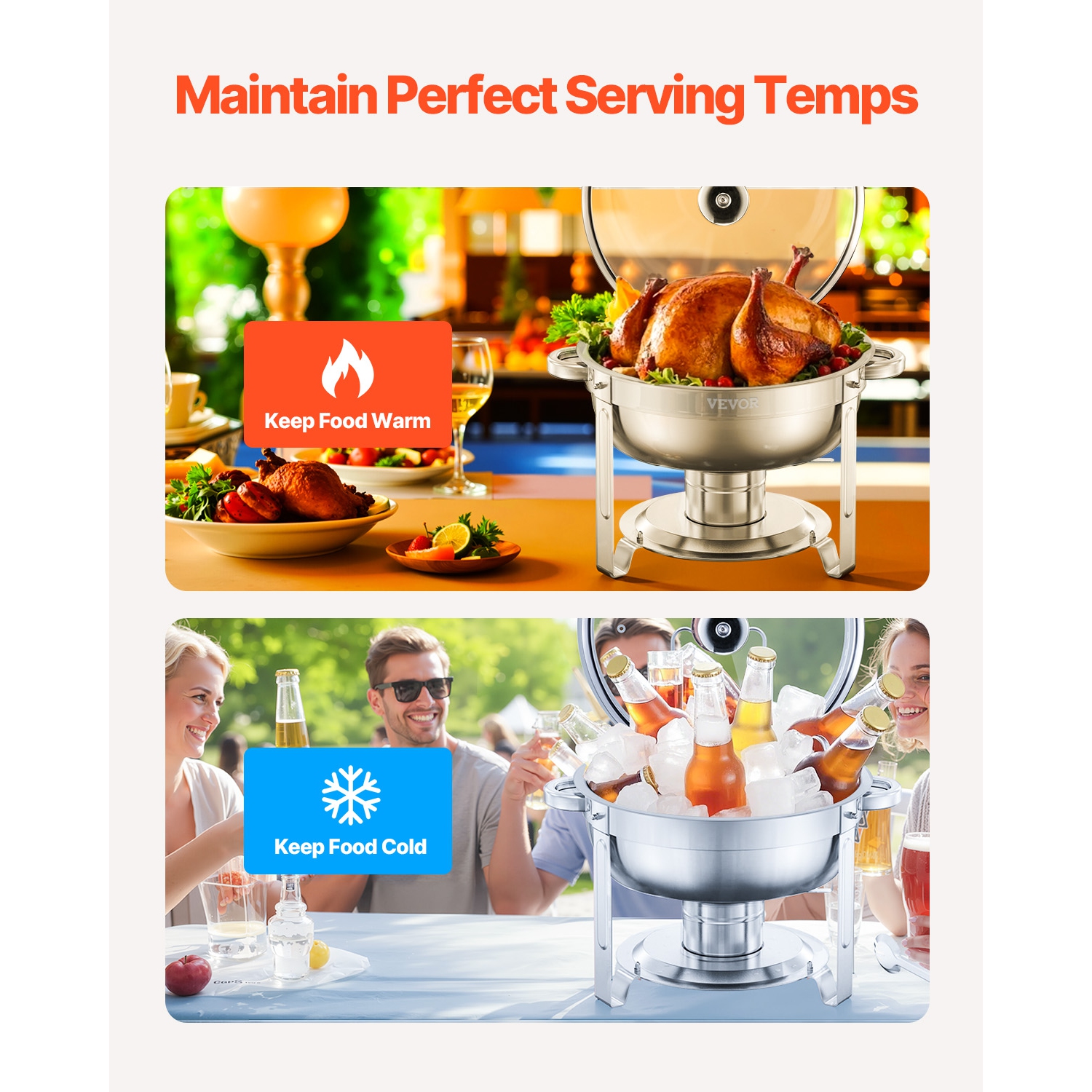 VEVOR 5 Qt Chafing Dish Buffet Set, 2 Pack, Stainless Steel Chafer with 2 Full Size Pan, Round Catering Warmer Server with Glass Lid Water Pan