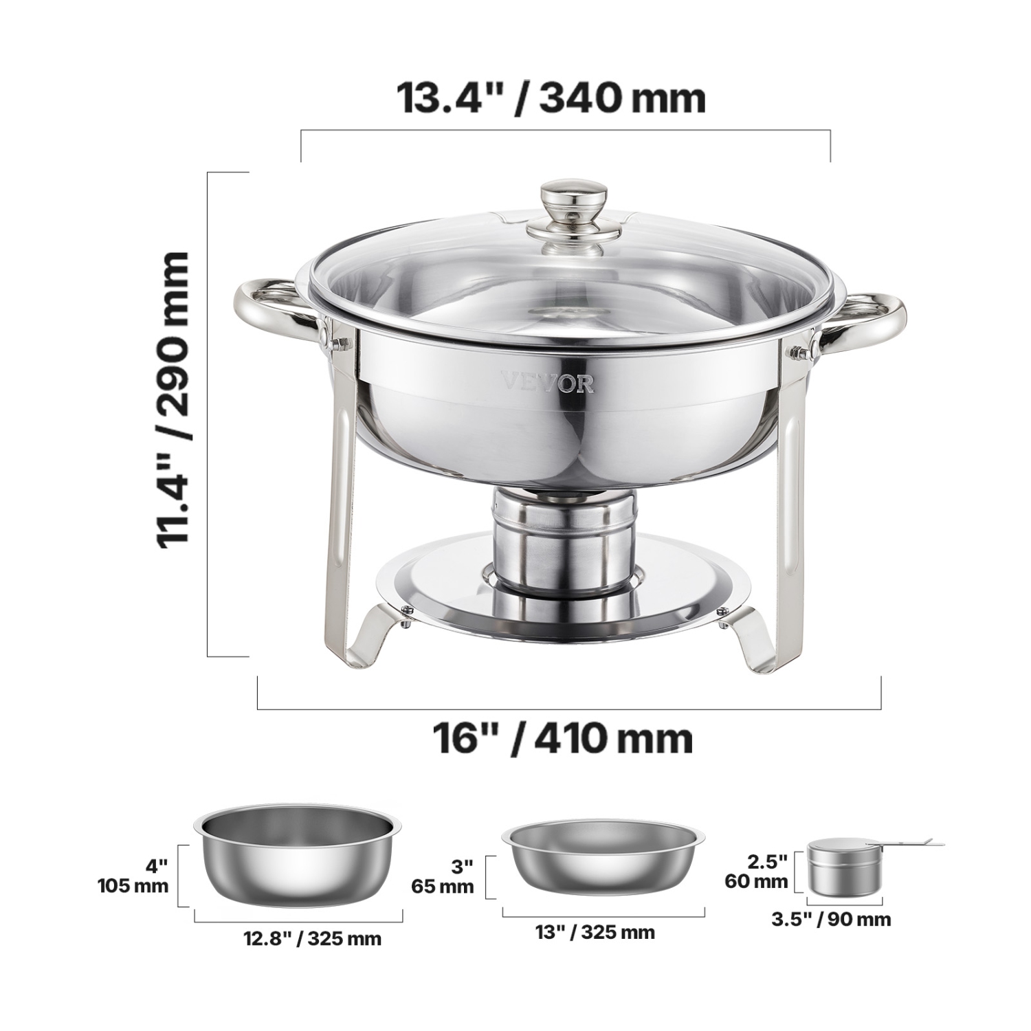 VEVOR 5 Qt Chafing Dish Buffet Set, 2 Pack, Stainless Steel Chafer with 2 Full Size Pan, Round Catering Warmer Server with Glass Lid Water Pan