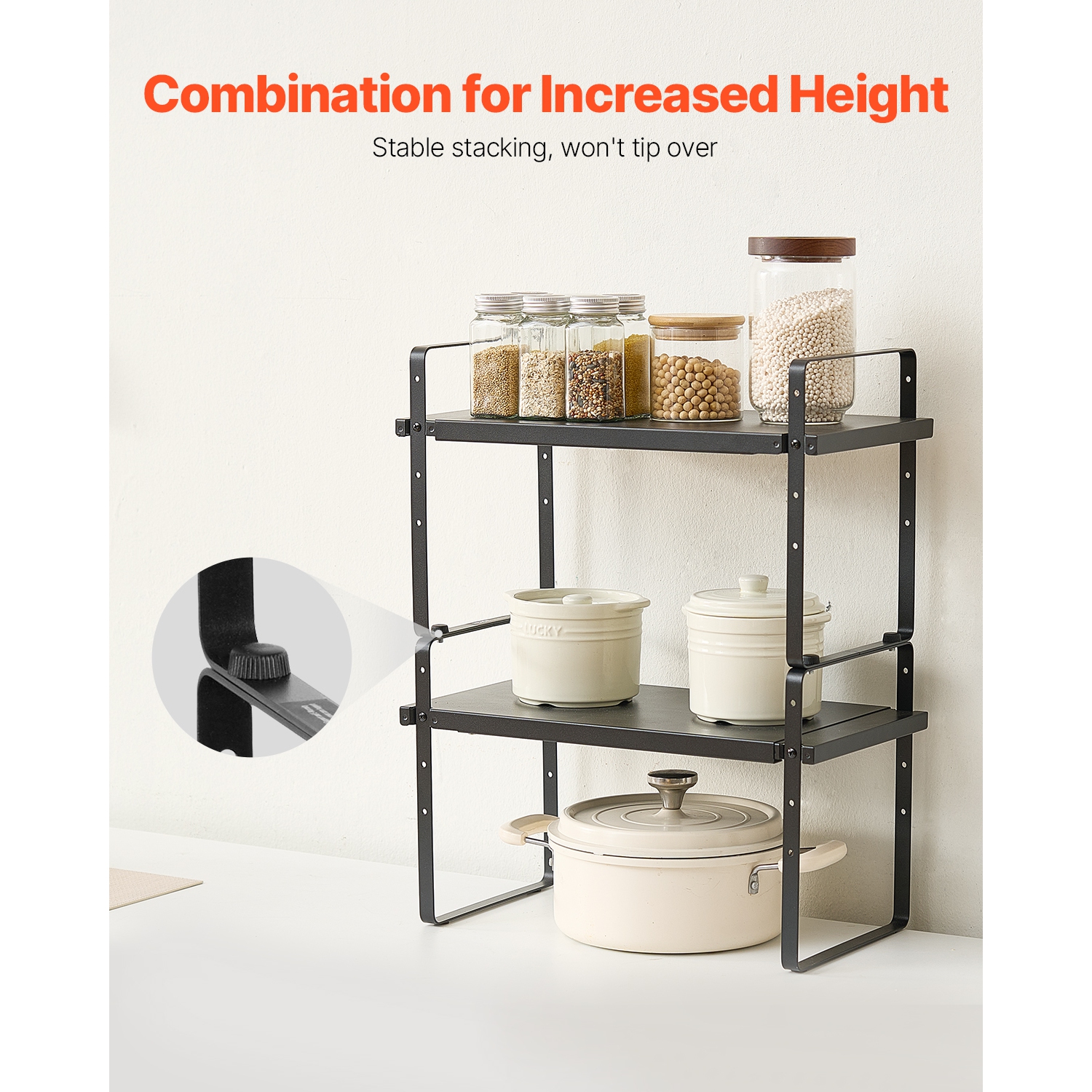 VEVOR Adjustable Kitchen Cabinet Shelf Organizer, Expandable 2 Tier Cabinet Shelf, Stackable Countertop Organizers and Storage Shelf Risers, Pantry