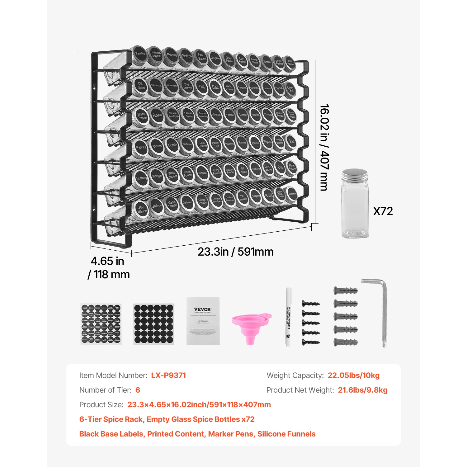VEVOR 23x16 in Spice Rack Organizer for Cabinet, Spice Organizer with 72 Empty Spice Jars, Lids, Spice Labels, and Funnel Complete Set, Seasoning