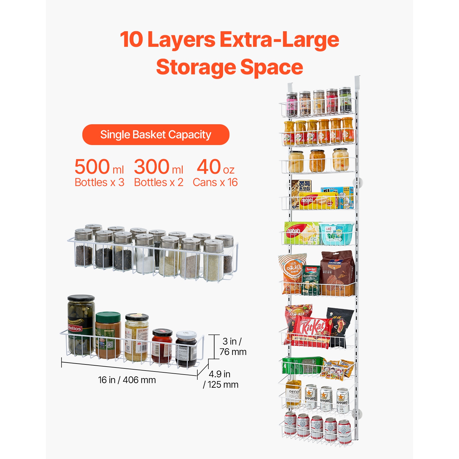 VEVOR 10-Tier Over the Door Pantry Organizer, Pantry Organization and Storage, Heavy-Duty Steel Hanging Spice Rack, Adjustable Wall Seasoning