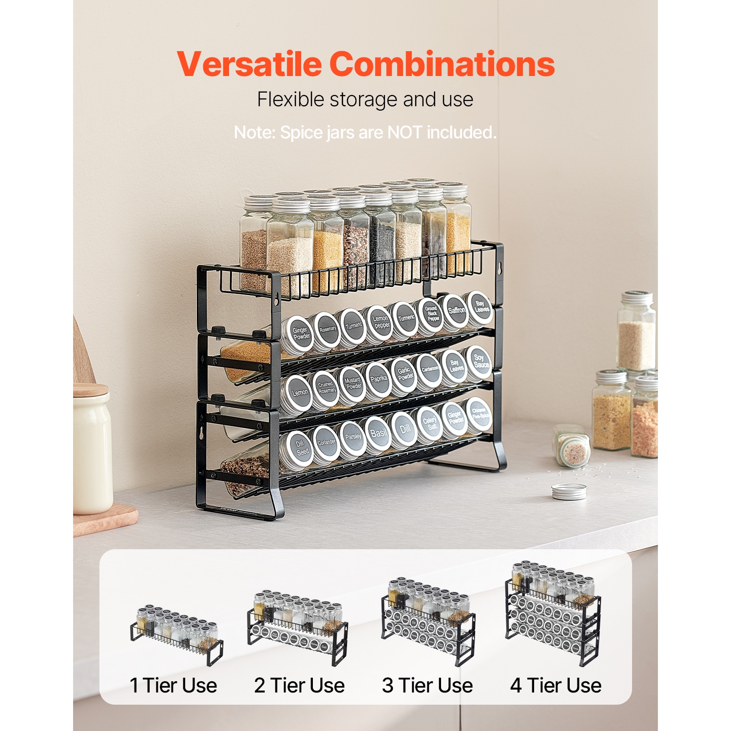 VEVOR 15.8x10.7 in Detachable Spice Rack Organizer for Cabinet, 4 Tie Stackable Seasoning Organizer, Spice Jars Kitchen Storage for Countertop