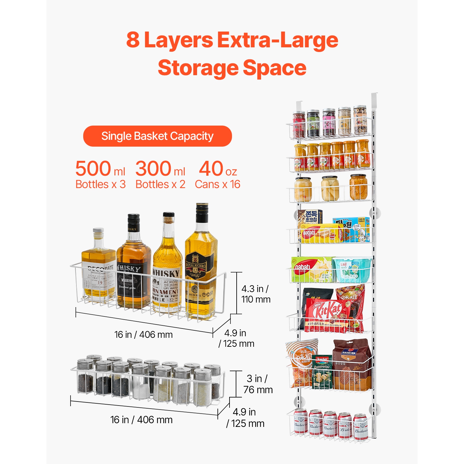 VEVOR 8-Tier Over the Door Pantry Organizer, Pantry Organization and Storage, Heavy-Duty Steel Hanging Spice Rack, Adjustable Wall Seasoning Shelves,