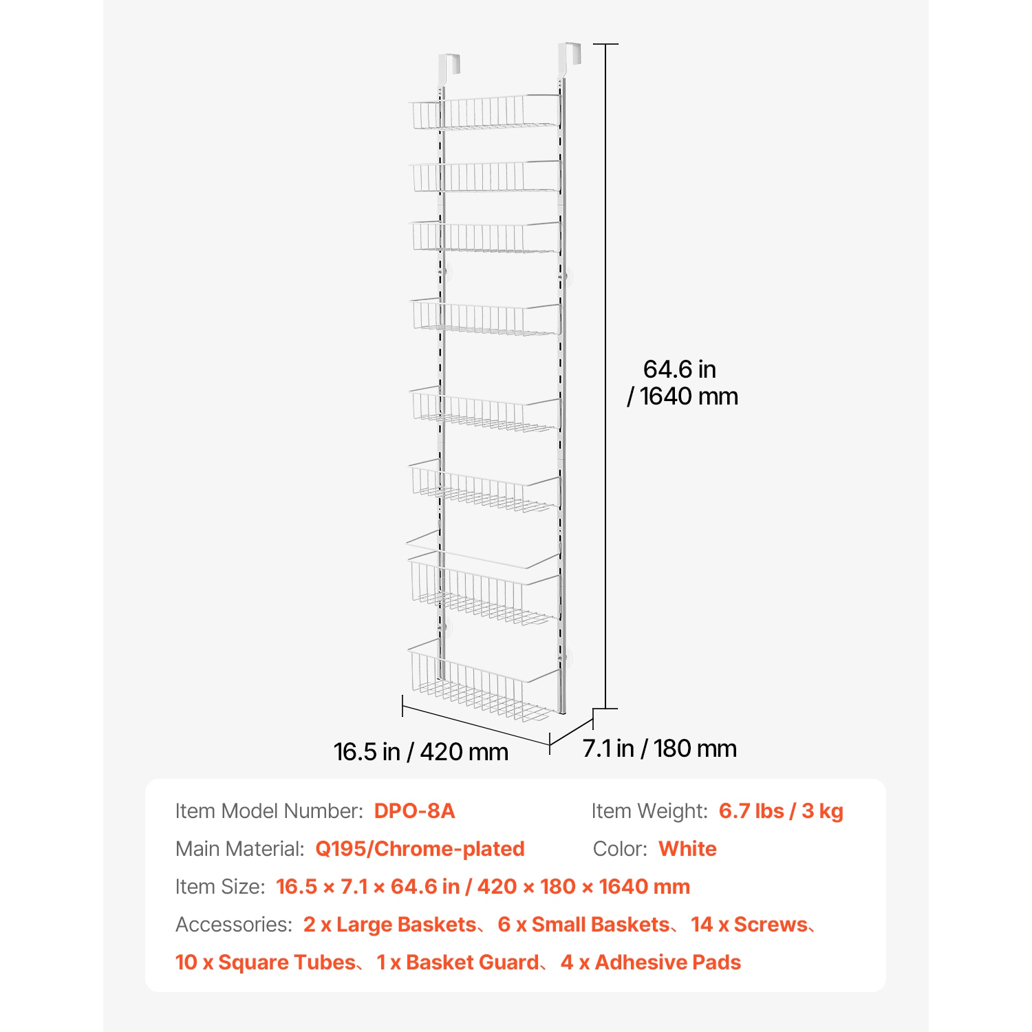 VEVOR 8-Tier Over the Door Pantry Organizer, Pantry Organization and Storage, Heavy-Duty Steel Hanging Spice Rack, Adjustable Wall Seasoning Shelves,