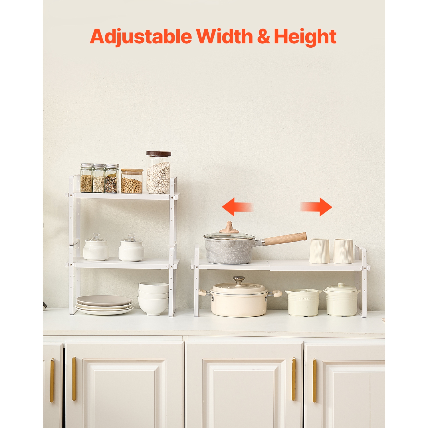 VEVOR Adjustable Kitchen Cabinet Shelf Organizer, Expandable 2 Tier Cabinet Shelf, Stackable Countertop Organizers and Storage Shelf Risers, Pantry