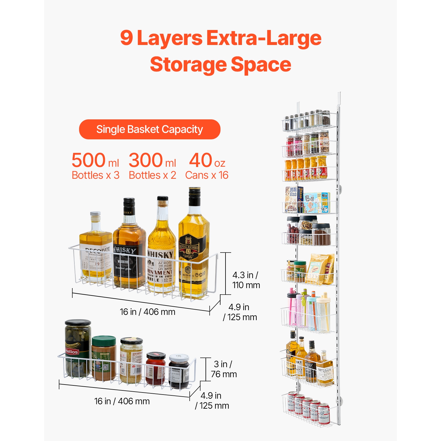 VEVOR 9-Tier Over the Door Pantry Organizer, Pantry Organization and Storage, Heavy-Duty Steel Hanging Spice Rack, Adjustable Wall Seasoning Shelves,