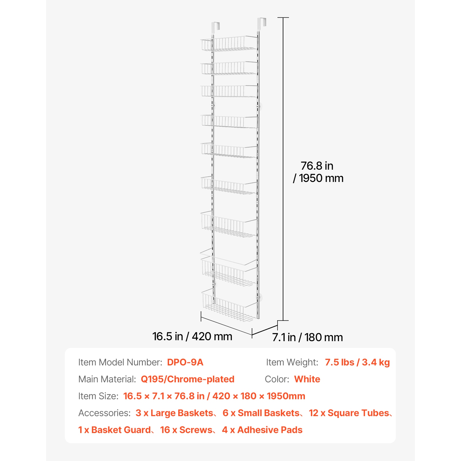 VEVOR 9-Tier Over the Door Pantry Organizer, Pantry Organization and Storage, Heavy-Duty Steel Hanging Spice Rack, Adjustable Wall Seasoning Shelves,