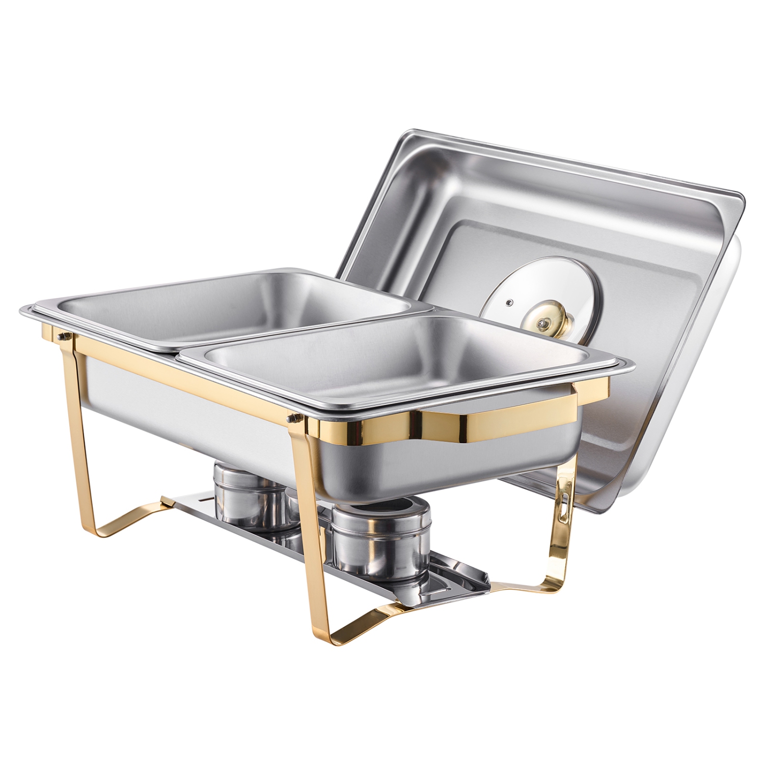 VEVOR 4 Qt Chafing Dish Buffet Set, 2 Pack, Stainless Steel Chafer with 4 Half Size Pans, Rectangle Catering Warmer Server with Glass Lid Water Pan