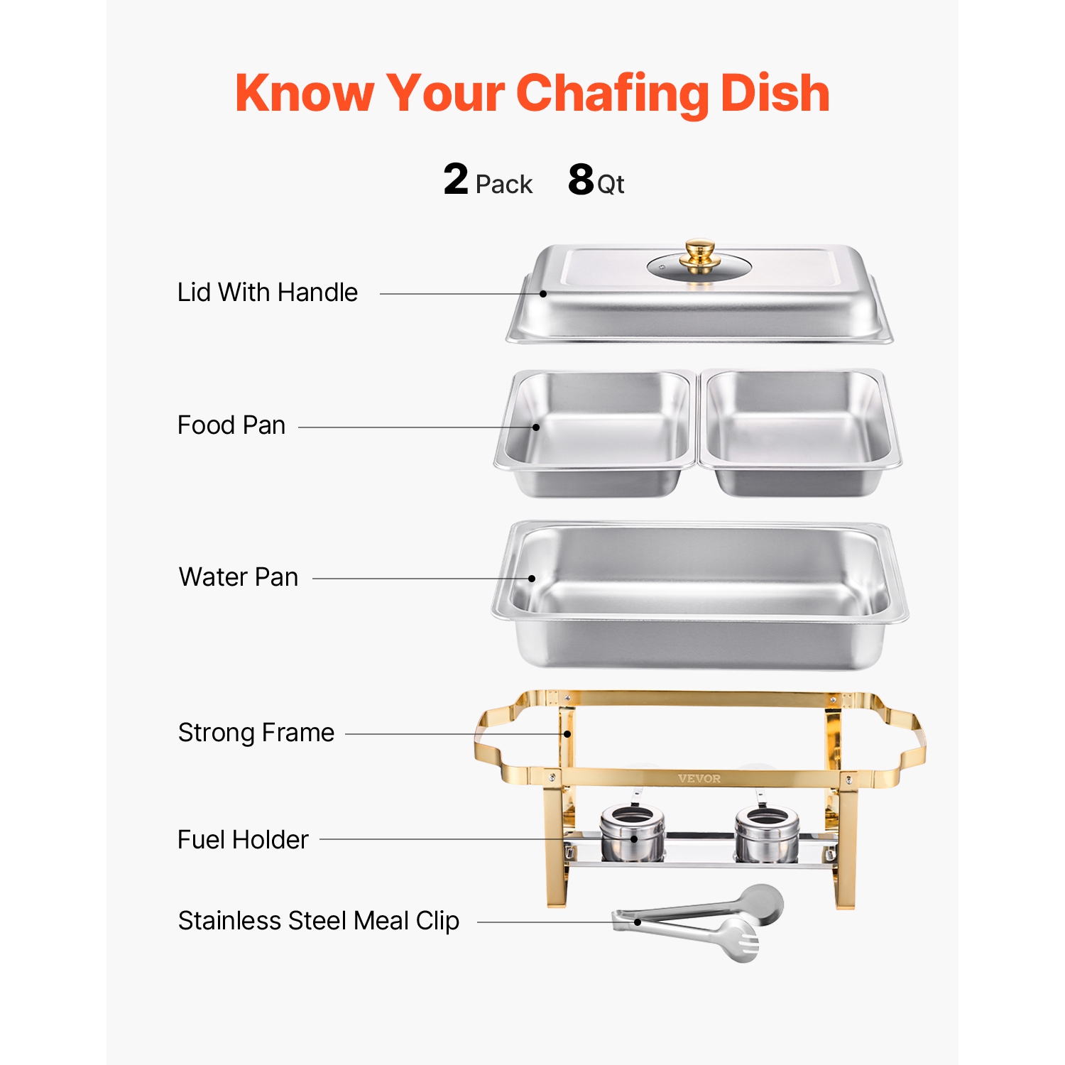 VEVOR 4 Qt Chafing Dish Buffet Set, 2 Pack, Stainless Steel Chafer with 4 Half Size Pans, Rectangle Catering Warmer Server with Glass Lid Water Pan