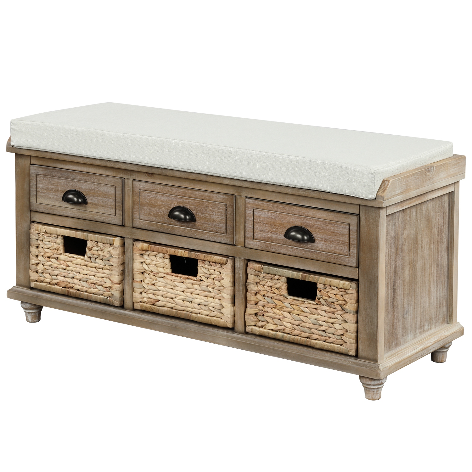 Kepooman Rustic Storage Bench with 3 Drawers and 3 Rattan Baskets, Shoe Bench for Living Room - Natural