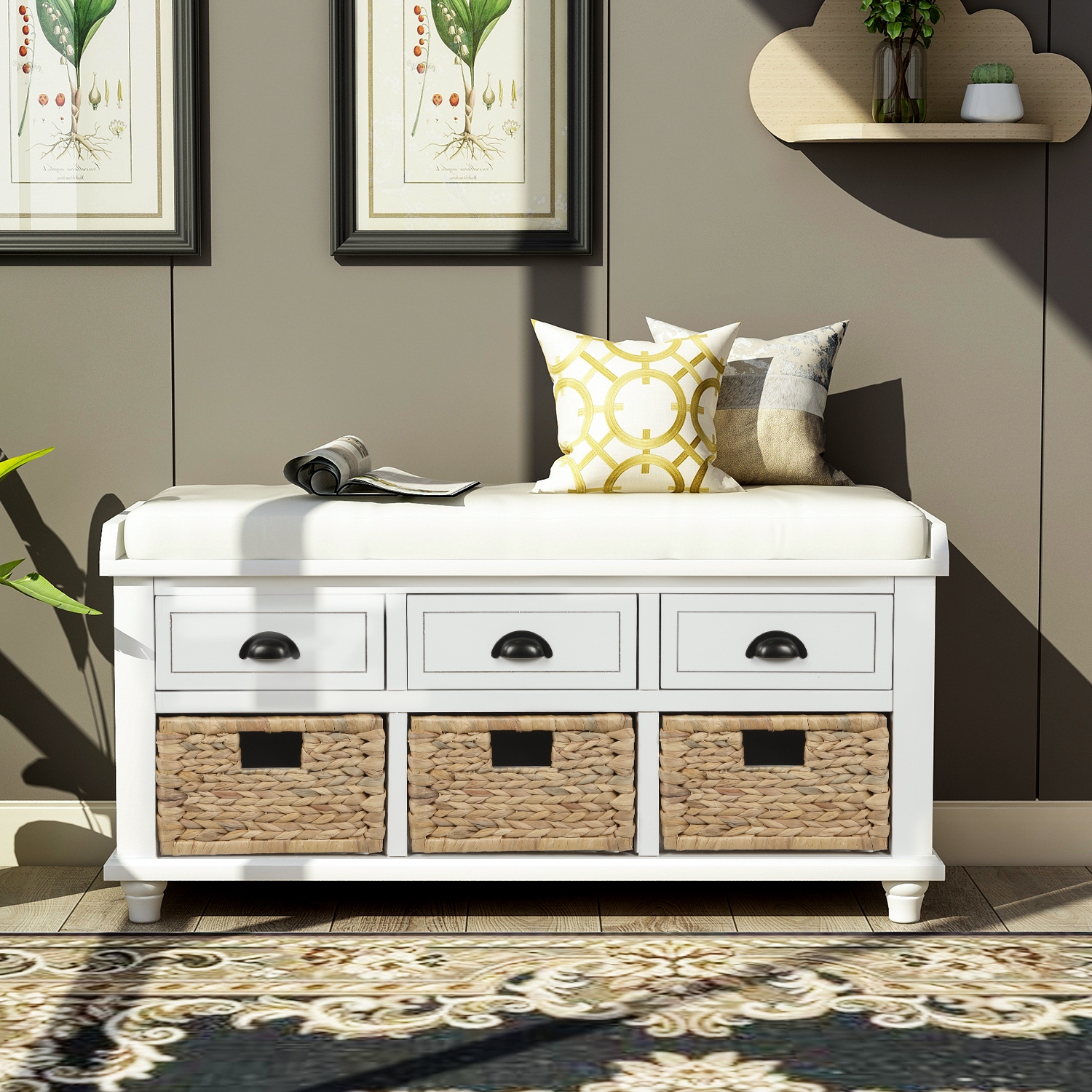 Kepooman Rustic Storage Bench with 3 Drawers and 3 Rattan Baskets, Shoe Bench for Living Room - White