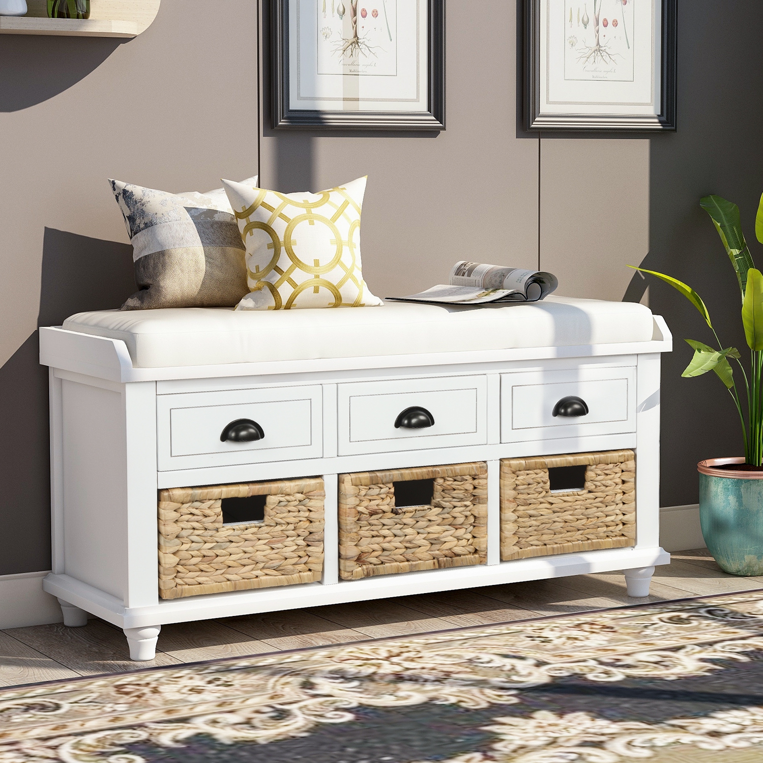 Kepooman Rustic Storage Bench with 3 Drawers and 3 Rattan Baskets, Shoe Bench for Living Room - White