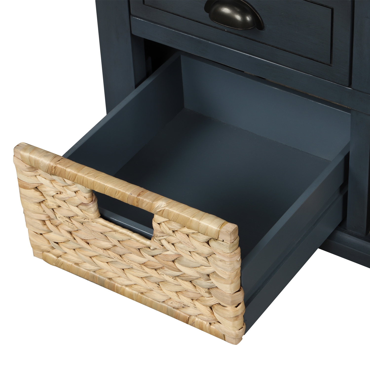 Kepooman Rustic Storage Bench with 3 Drawers and 3 Rattan Baskets, Shoe Bench for Living Room - Navy