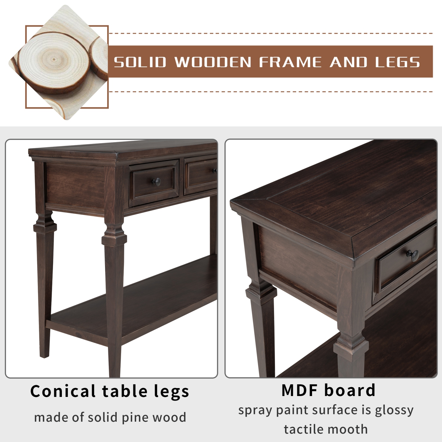 Kepooman Classic Retro Style Console Table with Three Top Drawers and Open Style Bottom Shelf for Entryway - Espresso