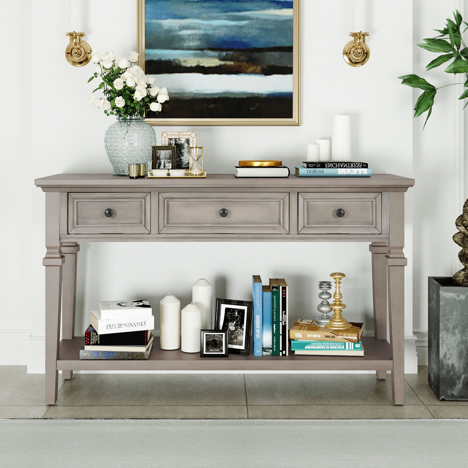 Kepooman Classic Retro Style Console Table with Three Top Drawers and Open Style Bottom Shelf for Entryway - Gray