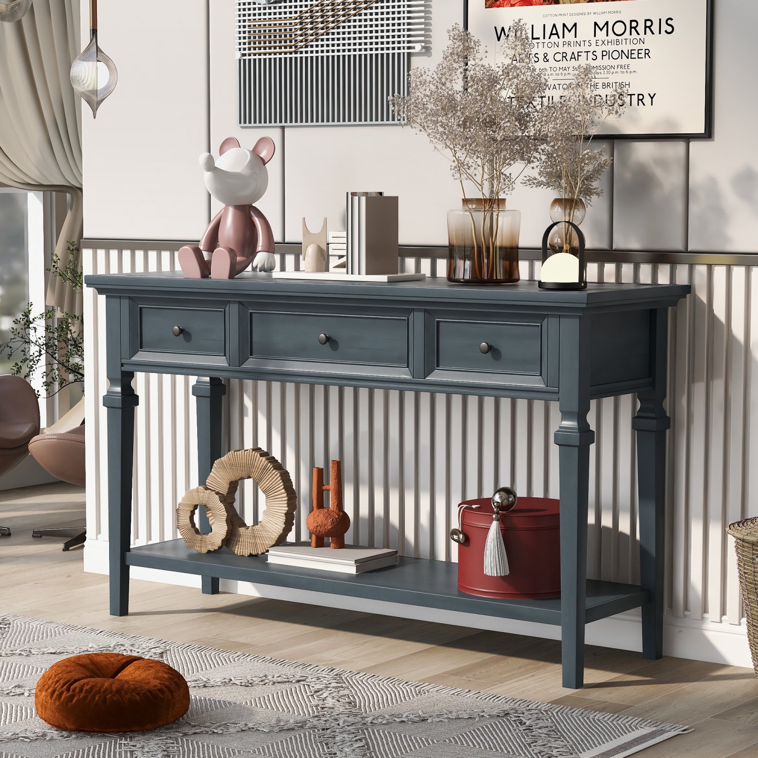 Kepooman Classic Retro Style Console Table with Three Top Drawers and Open Style Bottom Shelf for Entryway - Navy