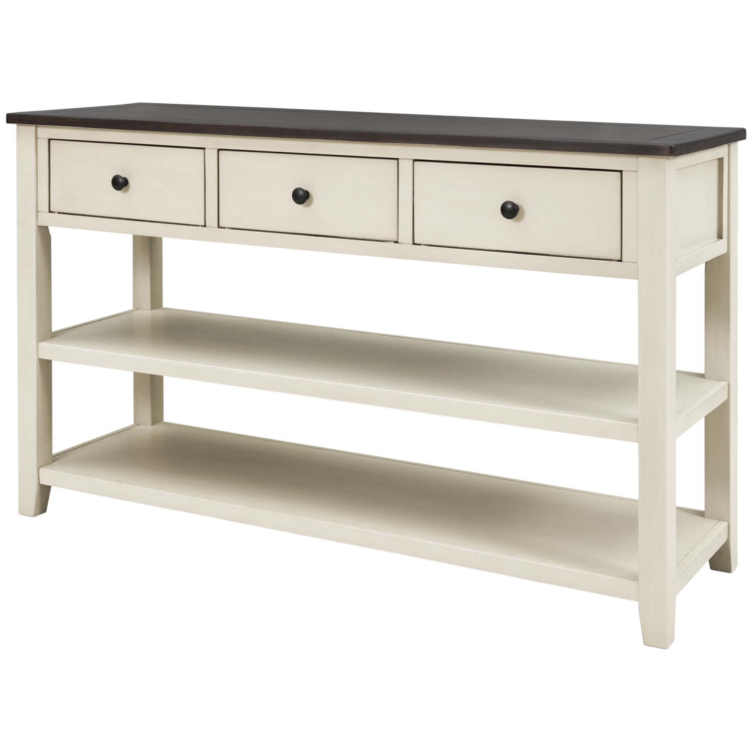 Kepooman Retro Design Console Table with Two Open Shelves, Pine Solid Wood Frame and Legs for Living Room - Beige