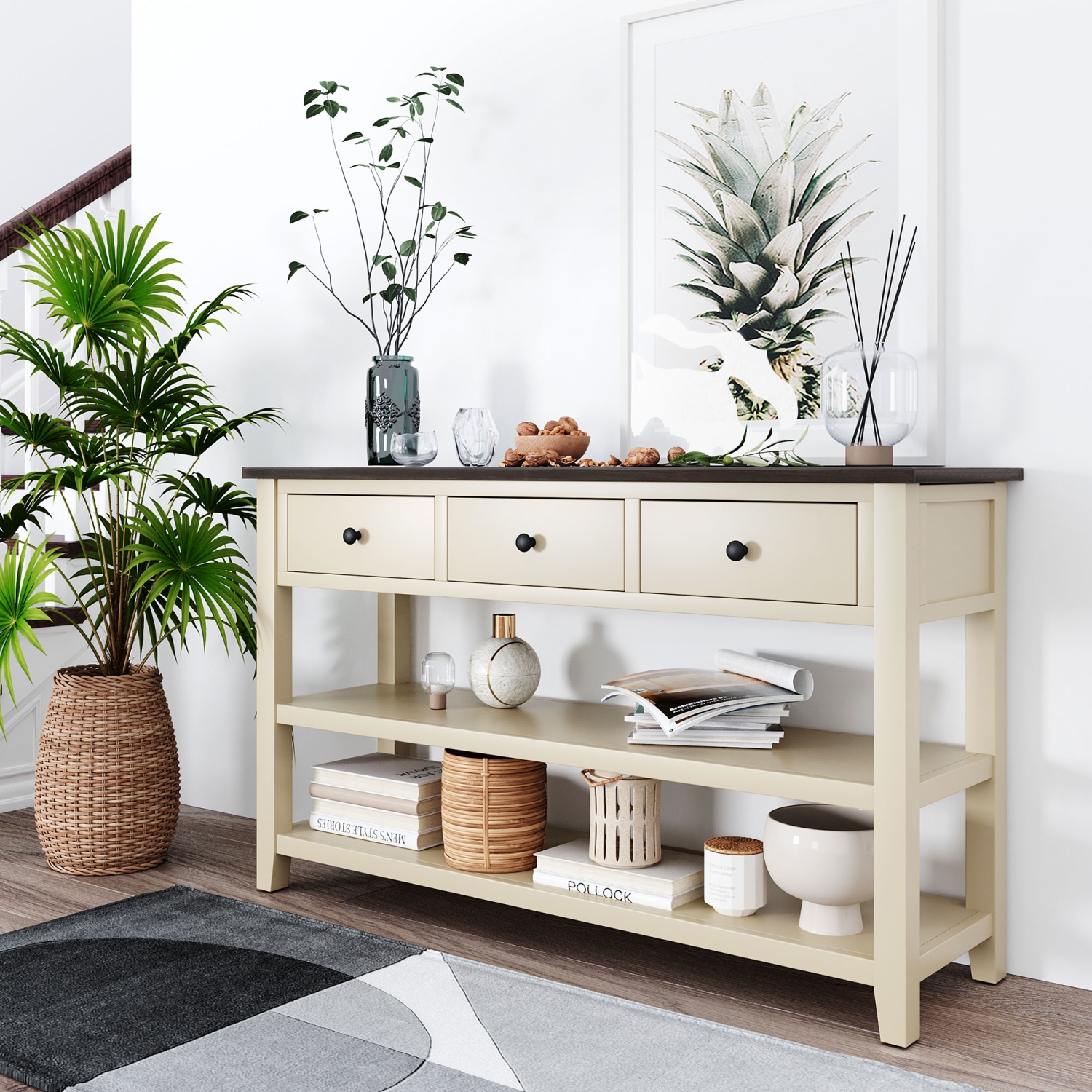 Kepooman Retro Design Console Table with Two Open Shelves, Pine Solid Wood Frame and Legs for Living Room - Beige