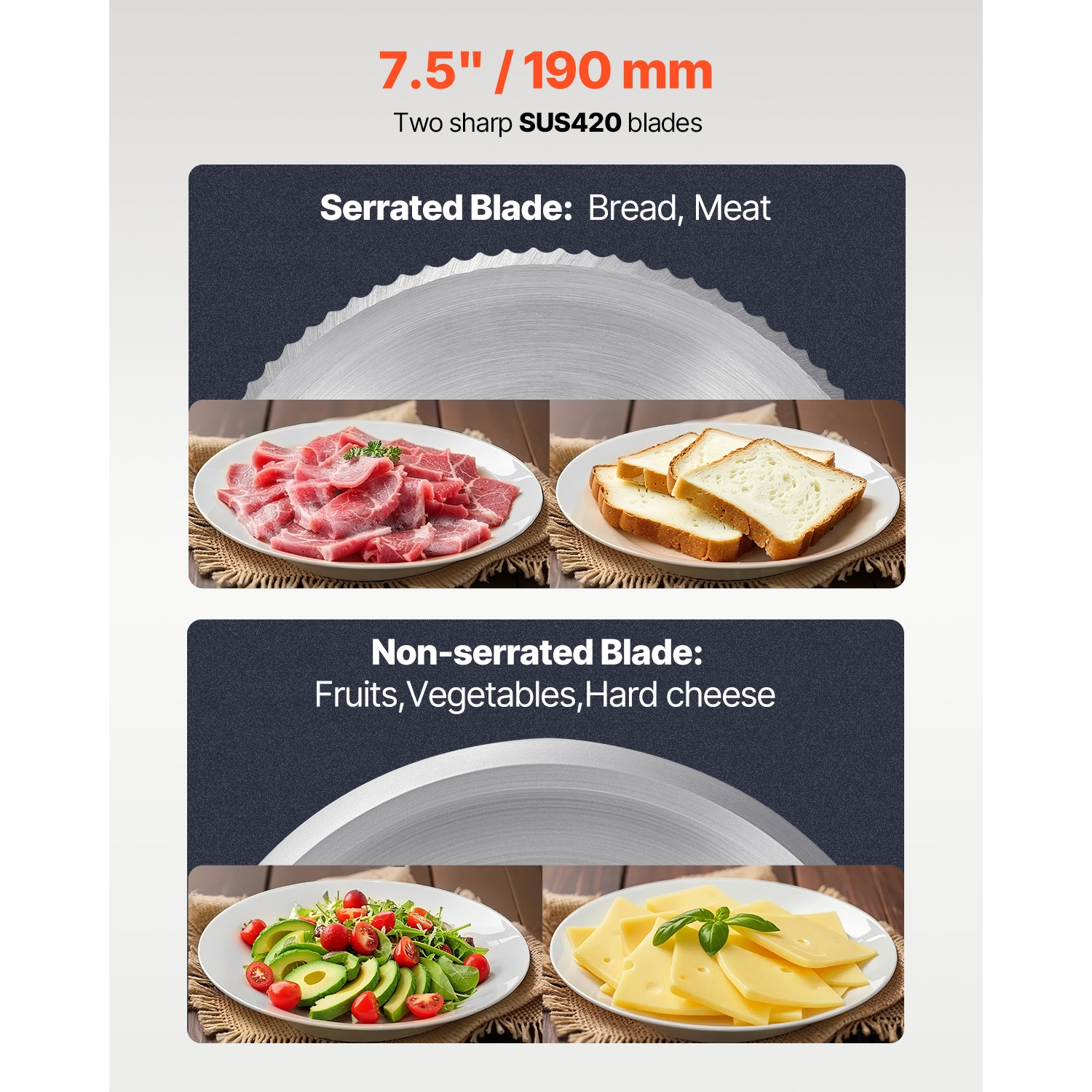 VEVOR 7.5 inch Meat Slicer, Electric Deli Food Slicer, 180W Meat Cutter with two Premium SUS420 Blades, 0-0.6 inch Adjustable Thickness, Food Slicer