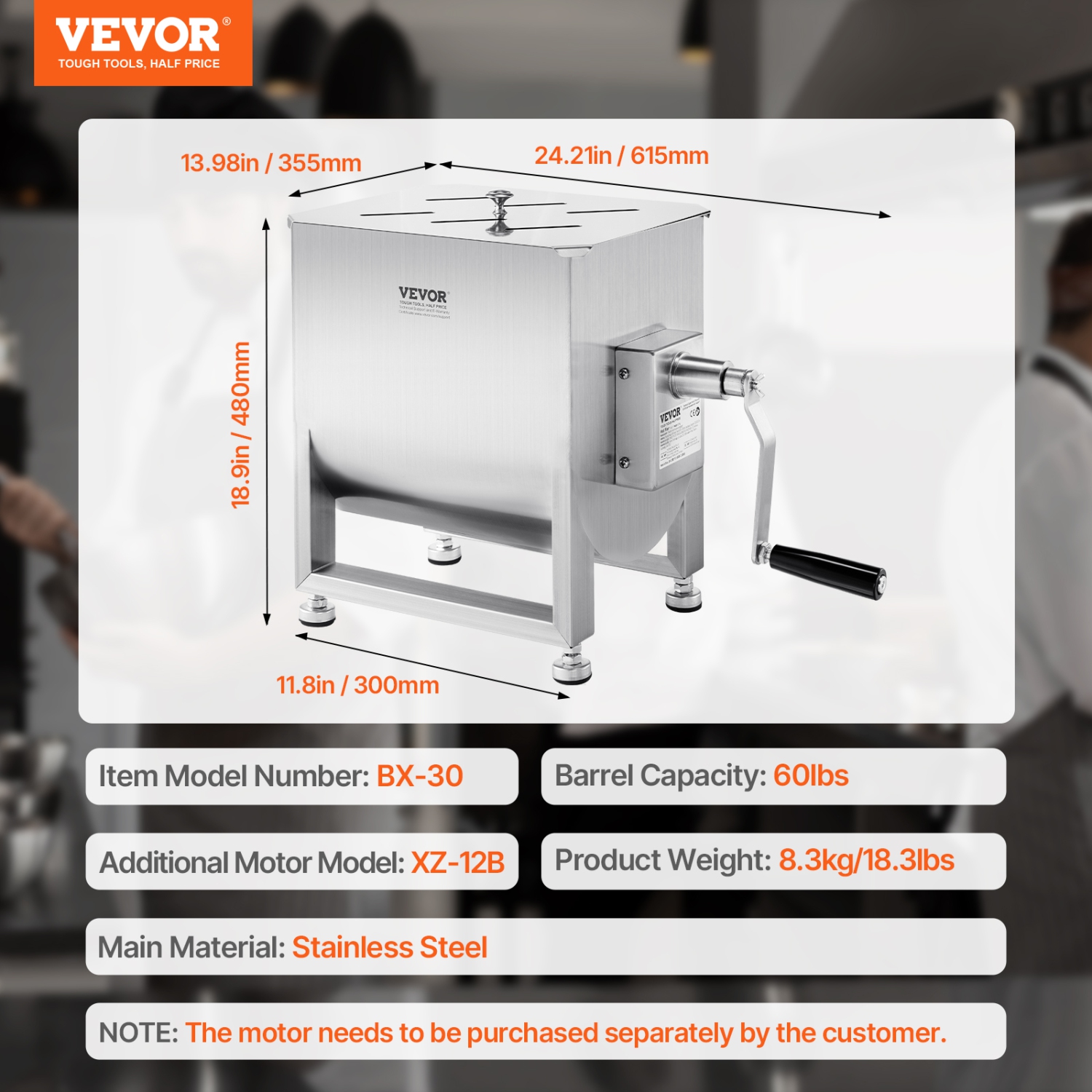 VEVOR 60L Manual Meat Mixer, Fixed Tank Meat Processing Equipment(Mixing Max 60LBS for Meat), Stainless Steel Meat Mixer, with Lid Handle Gear