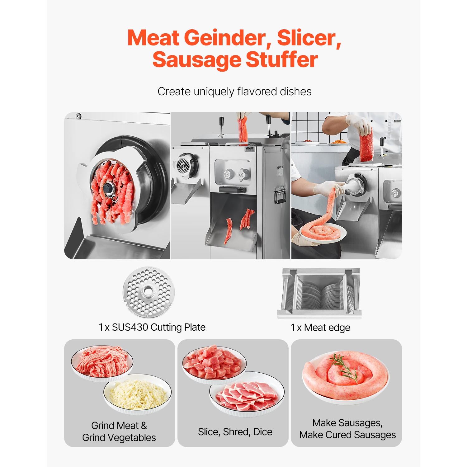 VEVOR 14 Lbs/Min Meat Grinder, Electric Meat Grinder, Slicer, Sausage Stuffer with Blade, Grinding Plate, Sausage Maker, Stainless Steel Meat Mincer