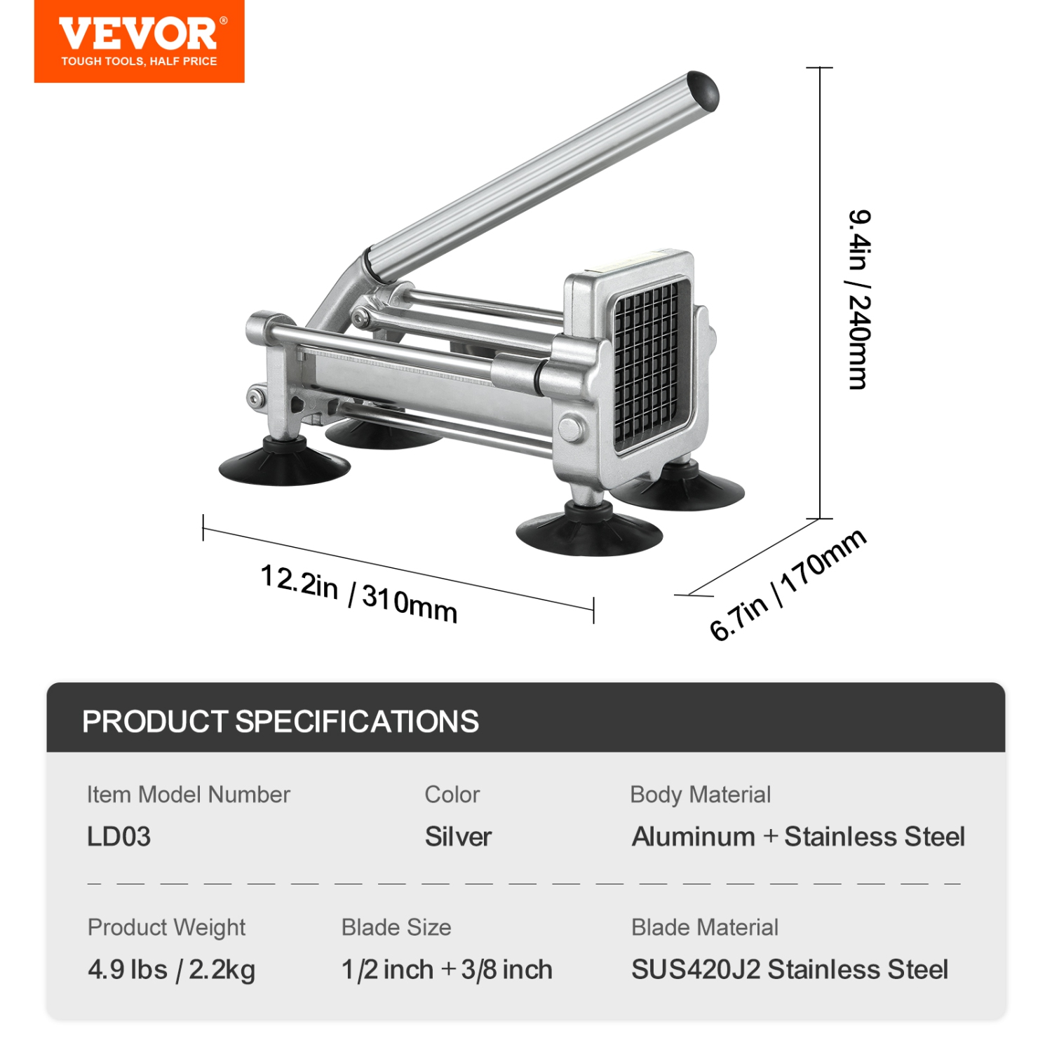 VEVOR French Fry Cutter, Potato Slicer with 1/2-Inch and 3/8-Inch Stainless Steel Blades, Manual Potato Cutter Chopper with Suction Cups, Great for