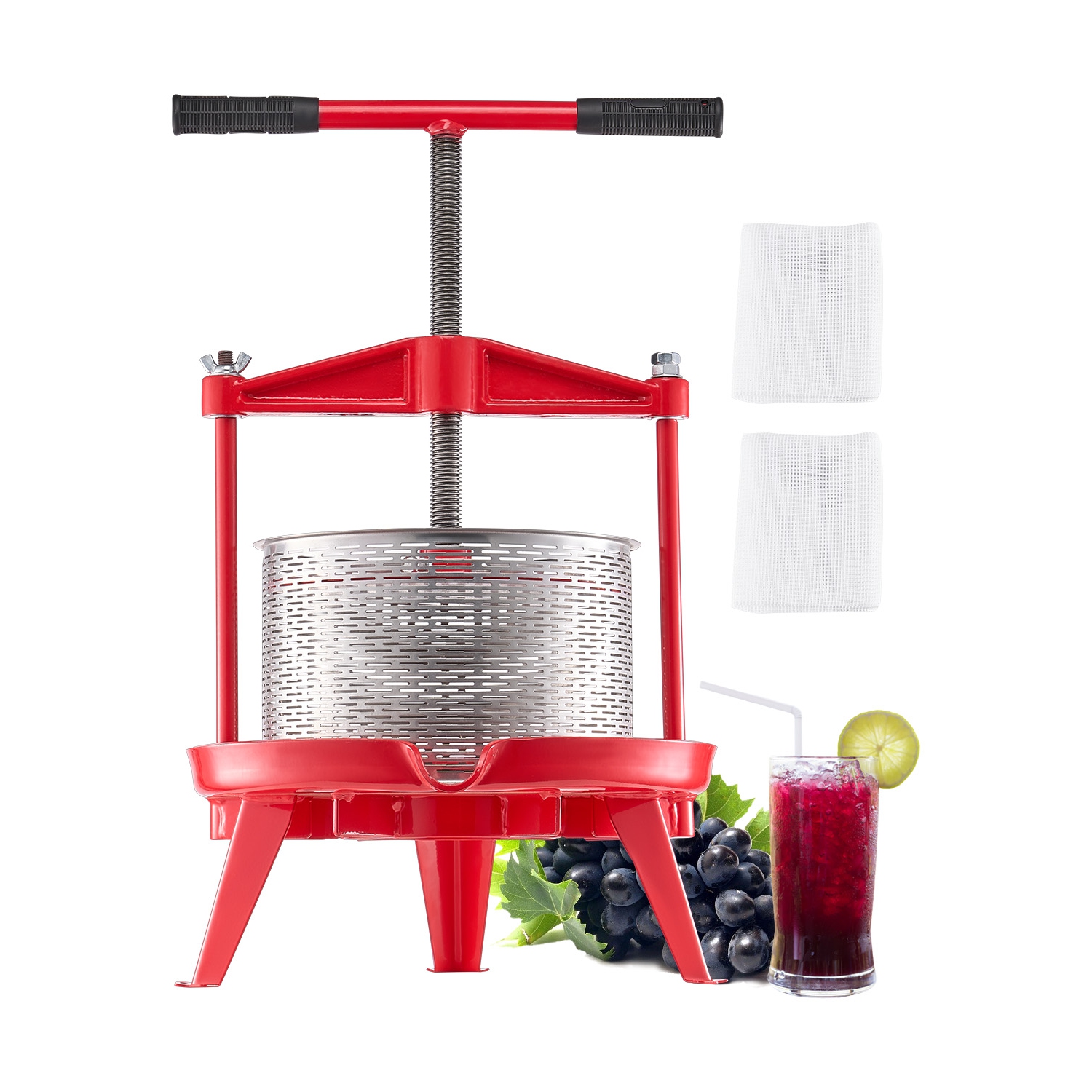 VEVOR 2.38 Gal/9L Fruit Wine Press, Stainless Steel Basket with Cross-beam and Triangular Structure, Manual Juice Maker, Cider Apple Grape Tincture