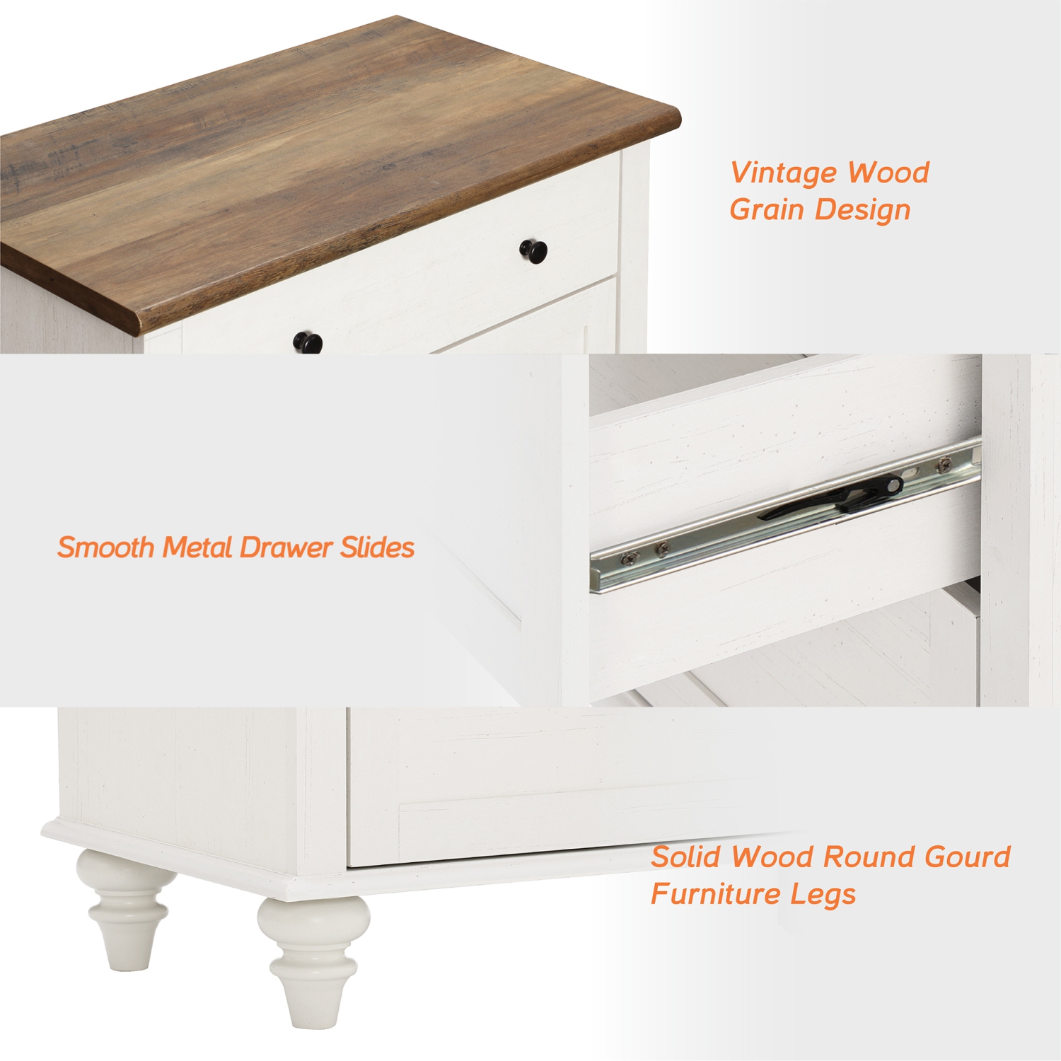 WAMPAT – Table de chevet Farmhouse avec 3 tiroirs, ensemble de 2 grande table de chevet en bois à 3 tiroirs, large table de bout et commode pour