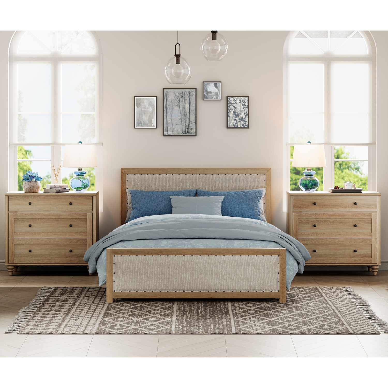 WAMPAT Farmhouse Nightstand with 3 Drawers, Large Wood Bedside Table Night Stand, Wide Sofa Side End Table 3 Drawers Chest of Dresser for Living