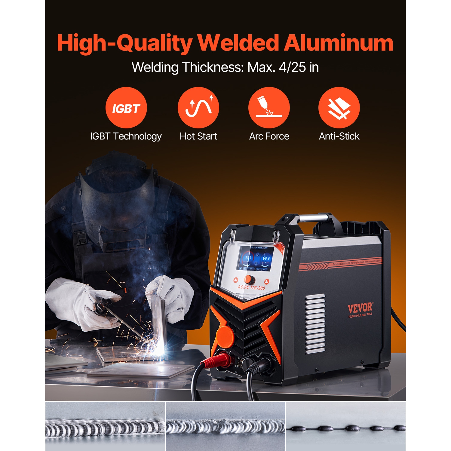 VEVOR TIG Welder, 200A 6-In-1 Aluminum Welding Machine - AC TIG/DC TIG/AC Pulse TIG/DC Pulse TIG/Spot TIG/MMA(Stick), 110&220V Dual Voltage with