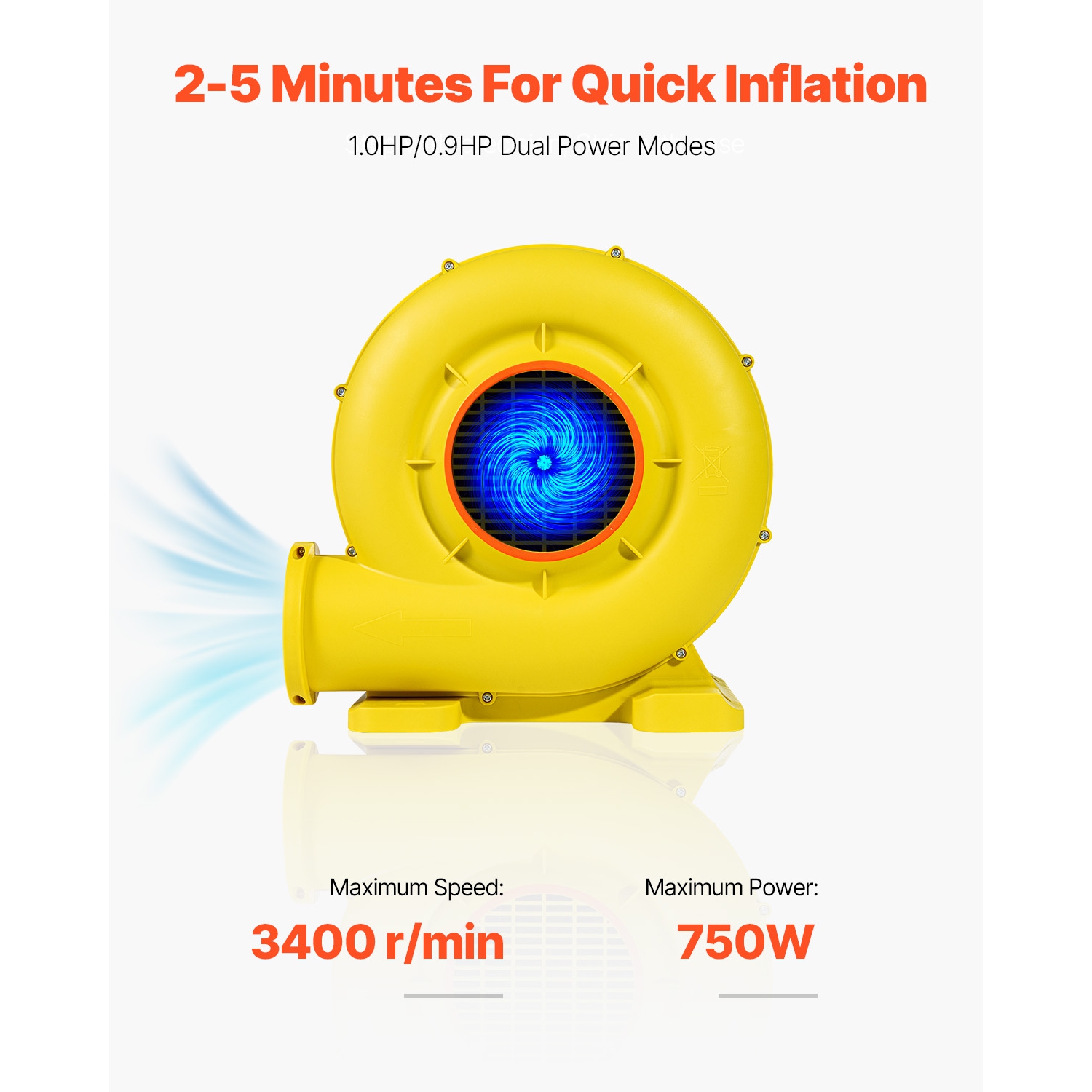 VEVOR 680&750W Inflatable Blower, 1.0HP Bounce House Blower, Pump Commercial Air Blower for Inflatables, 3400RPM Bouncy Castle Electric Air Blower