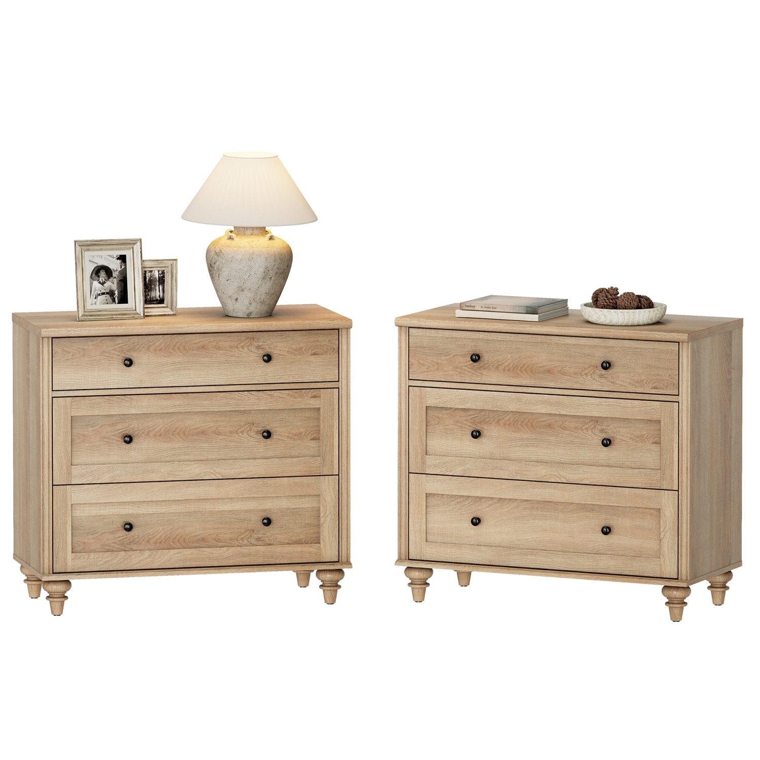 WAMPAT Farmhouse Nightstand with 3 Drawers, Set of 2 Large 3 Drawers Wood Bedside Table Night Stand, Wide Sofa Side End Table Chest of Dresser for
