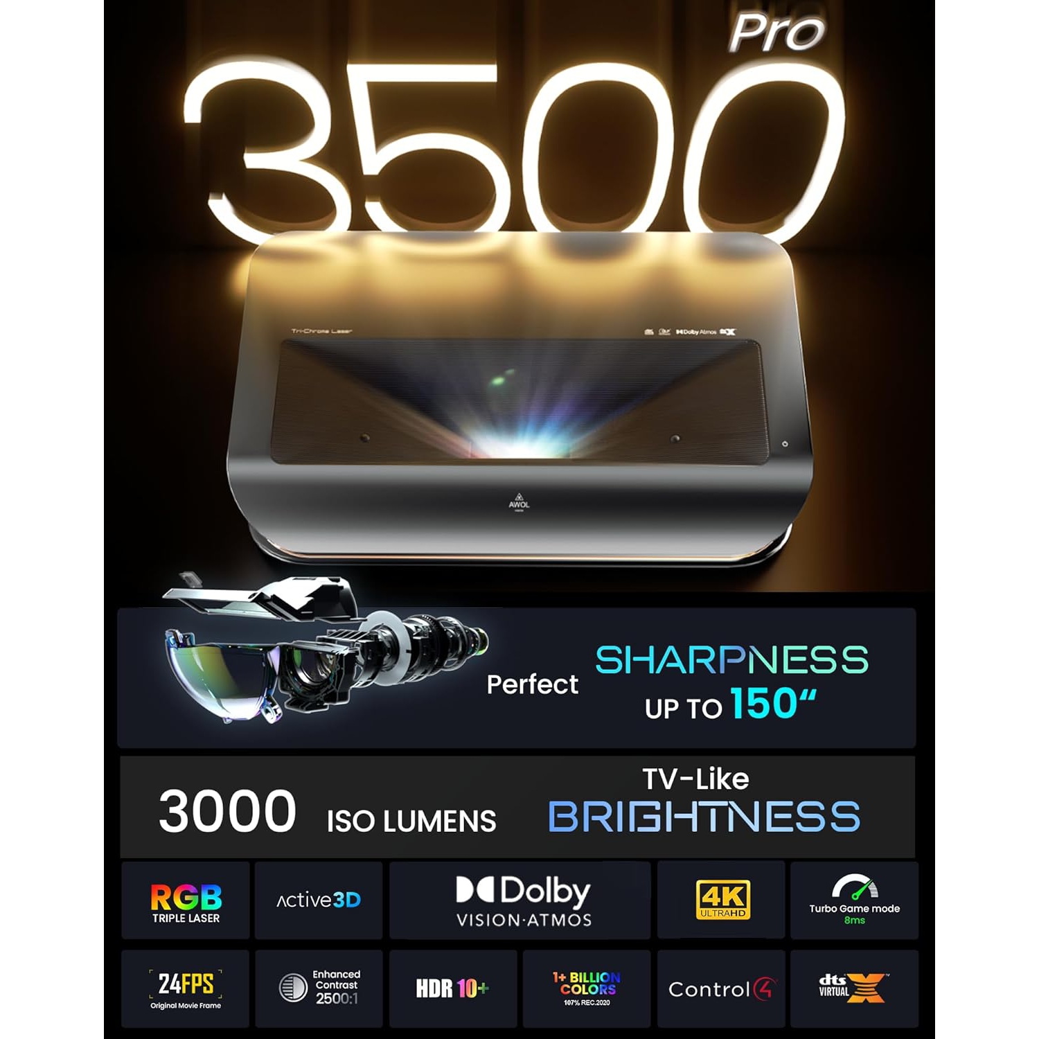 AWOL Vision LTV-3500 Pro UST Triple Laser TV Projector, 3000 Lumens TV-Like Brightness, 150" Perfect Sharpness, Dolby Vision, 4K 3D HDR 10+