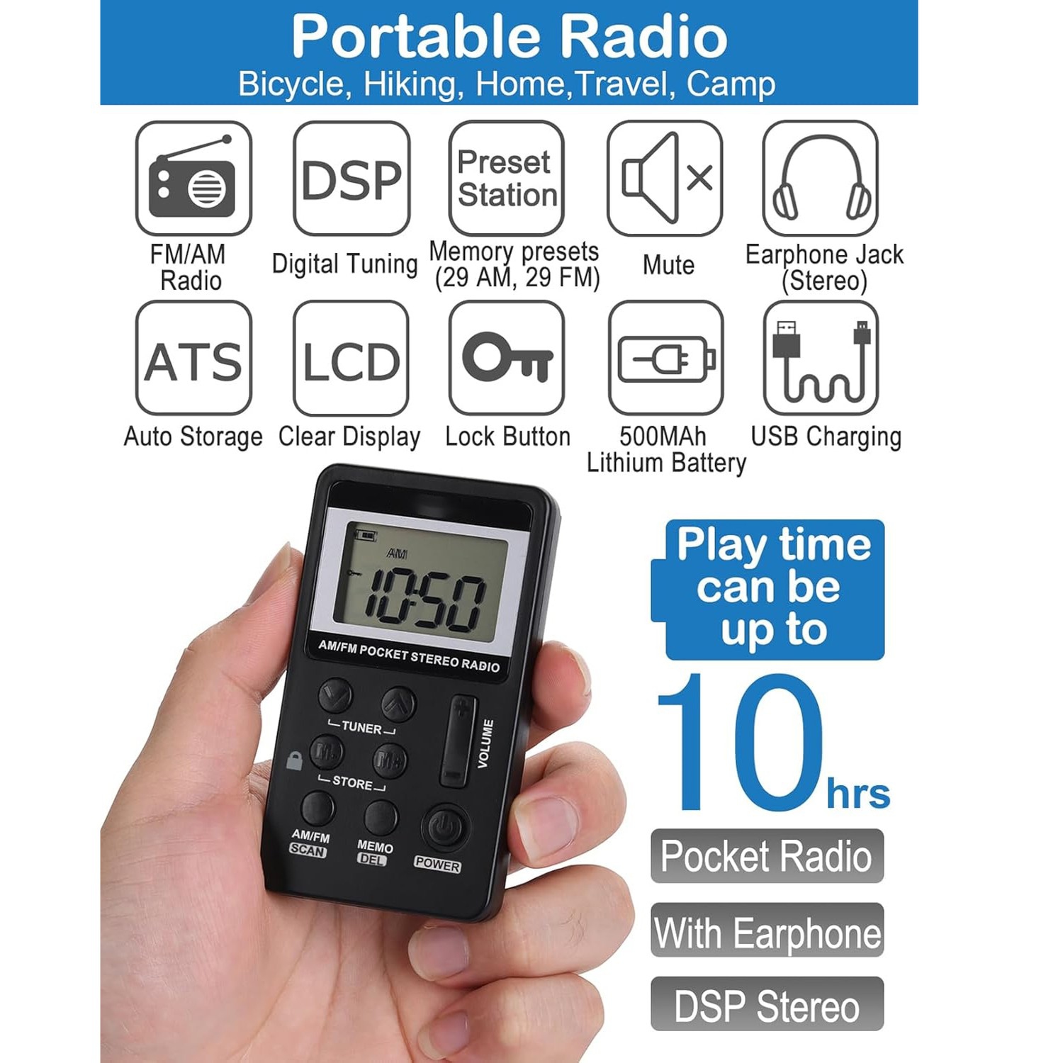 Portable Radio, AM FM Mini Rechargeable Battery Personal Digital Tuning Stereo Pocket Walkmen Radios with Earphone