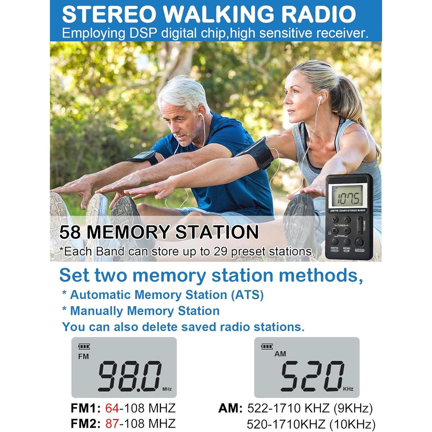 Portable Radio, AM FM Mini Rechargeable Battery Personal Digital Tuning Stereo Pocket Walkmen Radios with Earphone