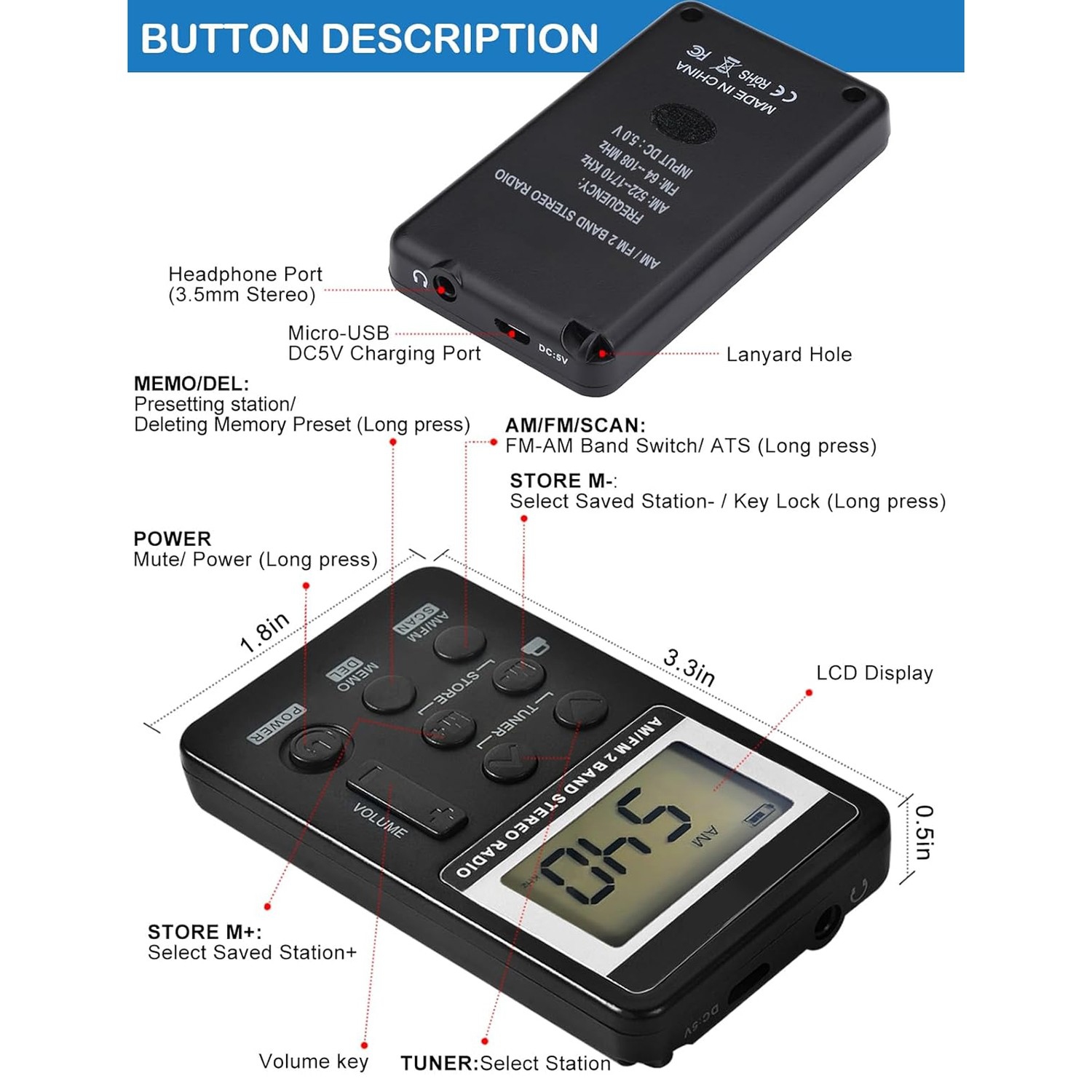 Portable Radio, AM FM Mini Rechargeable Battery Personal Digital Tuning Stereo Pocket Walkmen Radios with Earphone