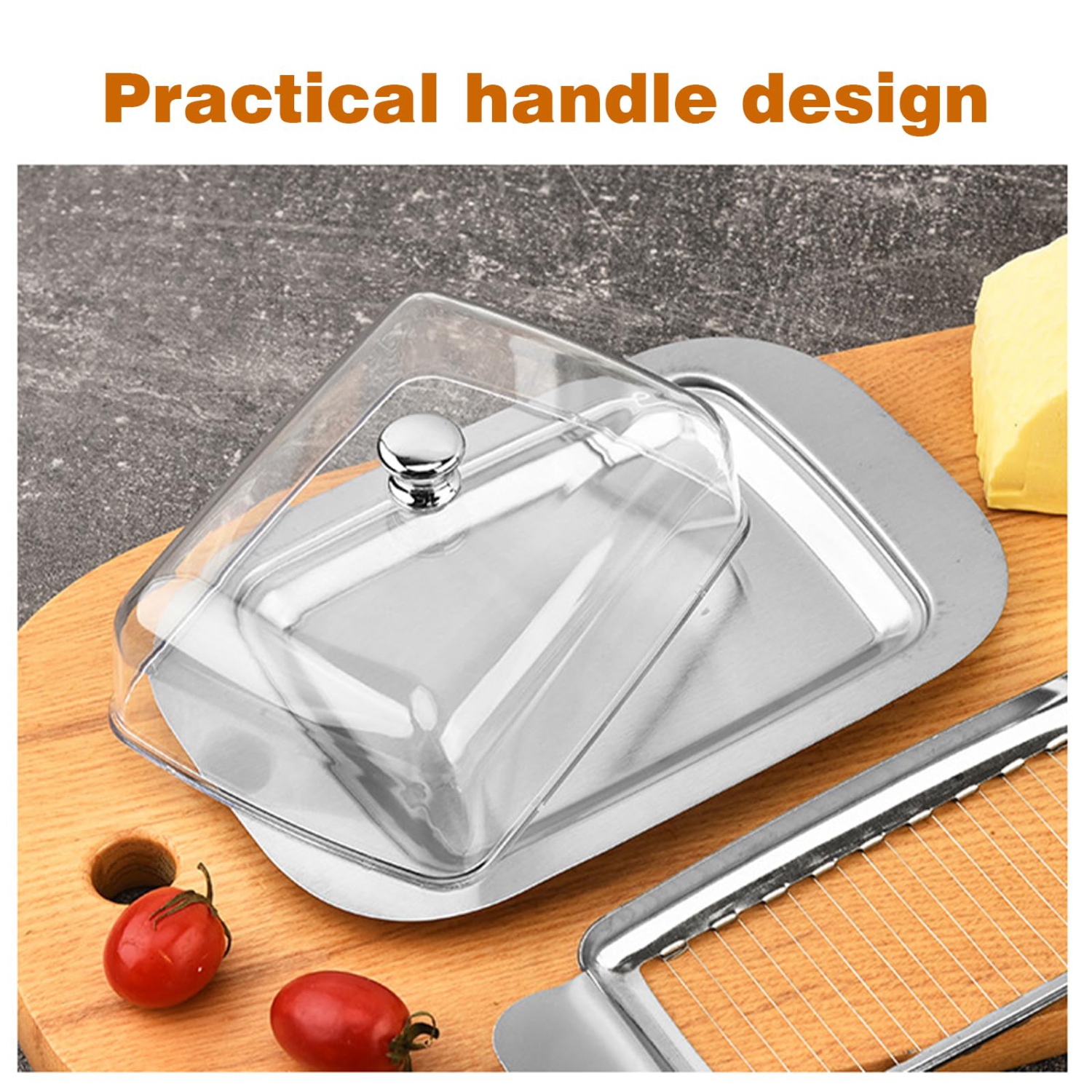 Butter Dish Stainless Steel Butter Dish with Lid and Handle, Capacity for 250g Butter, Suitable for Storing Cheese, Cold Dishes, Cakes