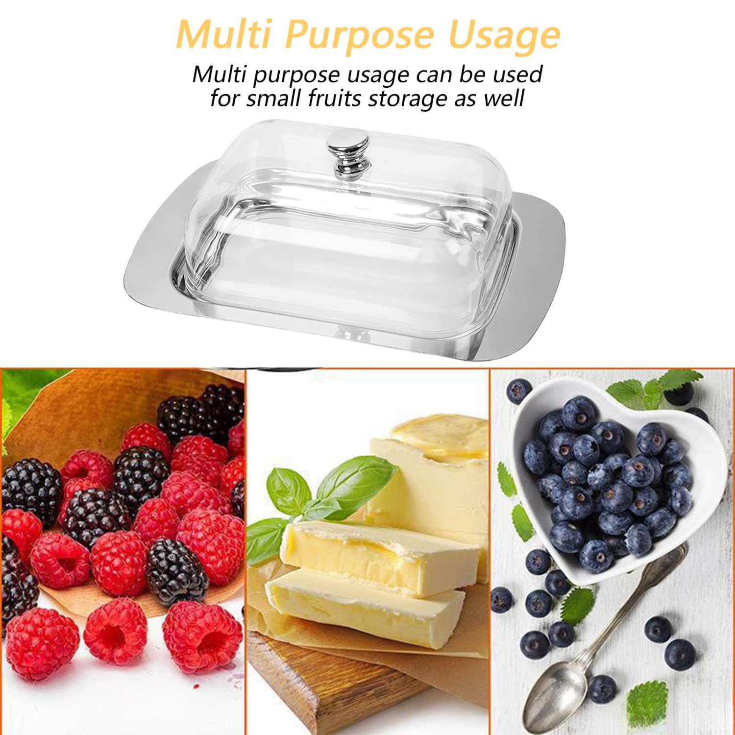 Butter Dish Stainless Steel Butter Dish with Lid and Handle, Capacity for 250g Butter, Suitable for Storing Cheese, Cold Dishes, Cakes